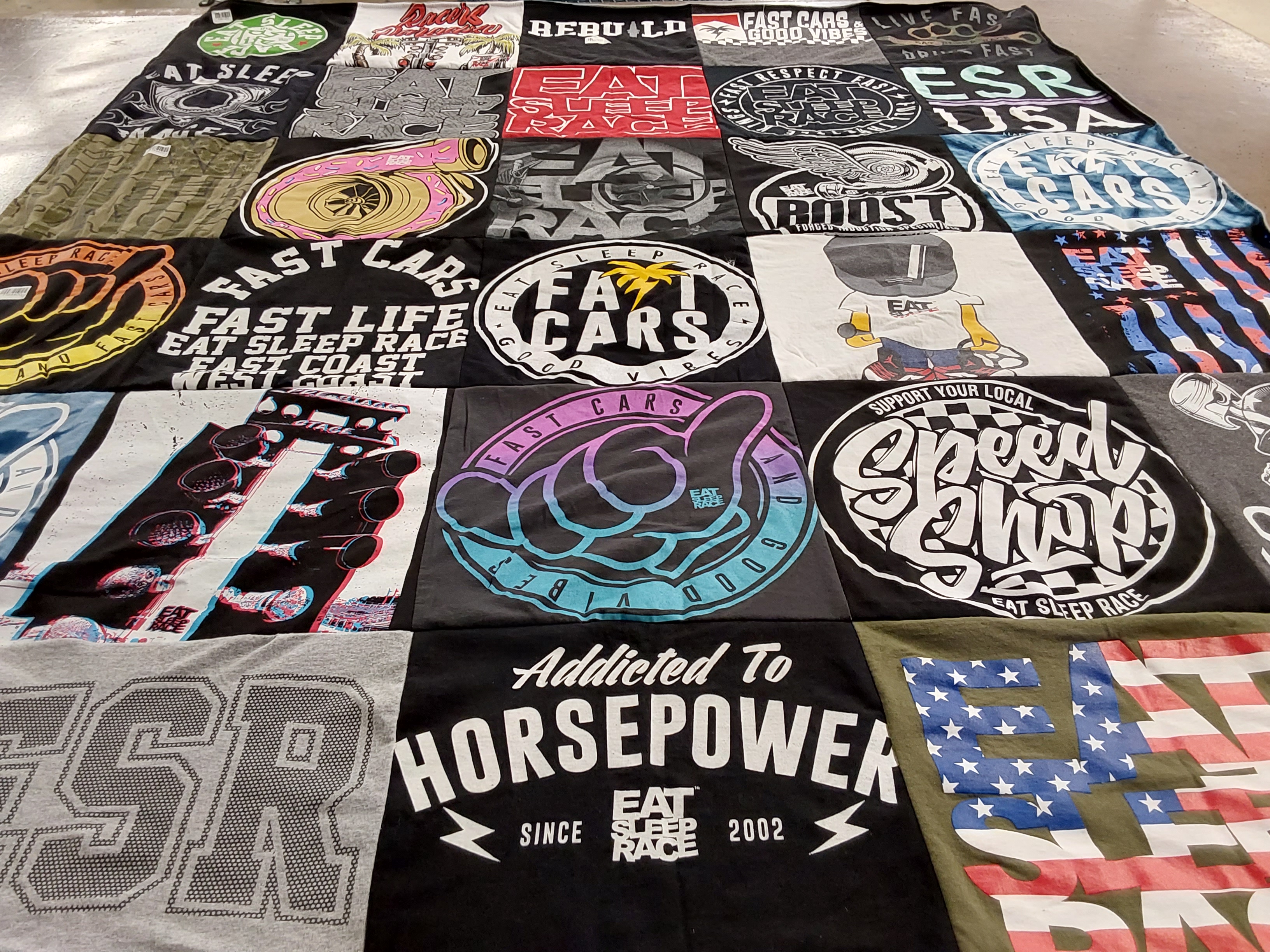T-shirt quilt with automotive, racing themes by Francis from NJ