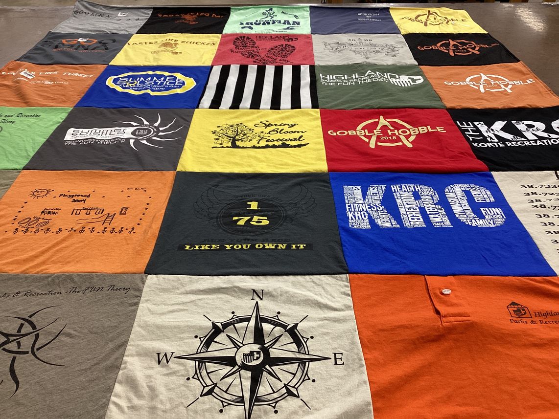 T-shirt quilt with outdoor activities, exercise themes by Mark from IL