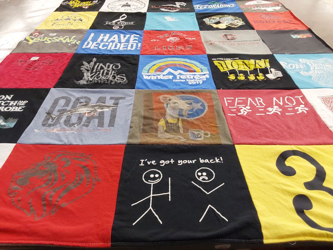 T-shirt quilt with theater, music themes by Cassandra from TN