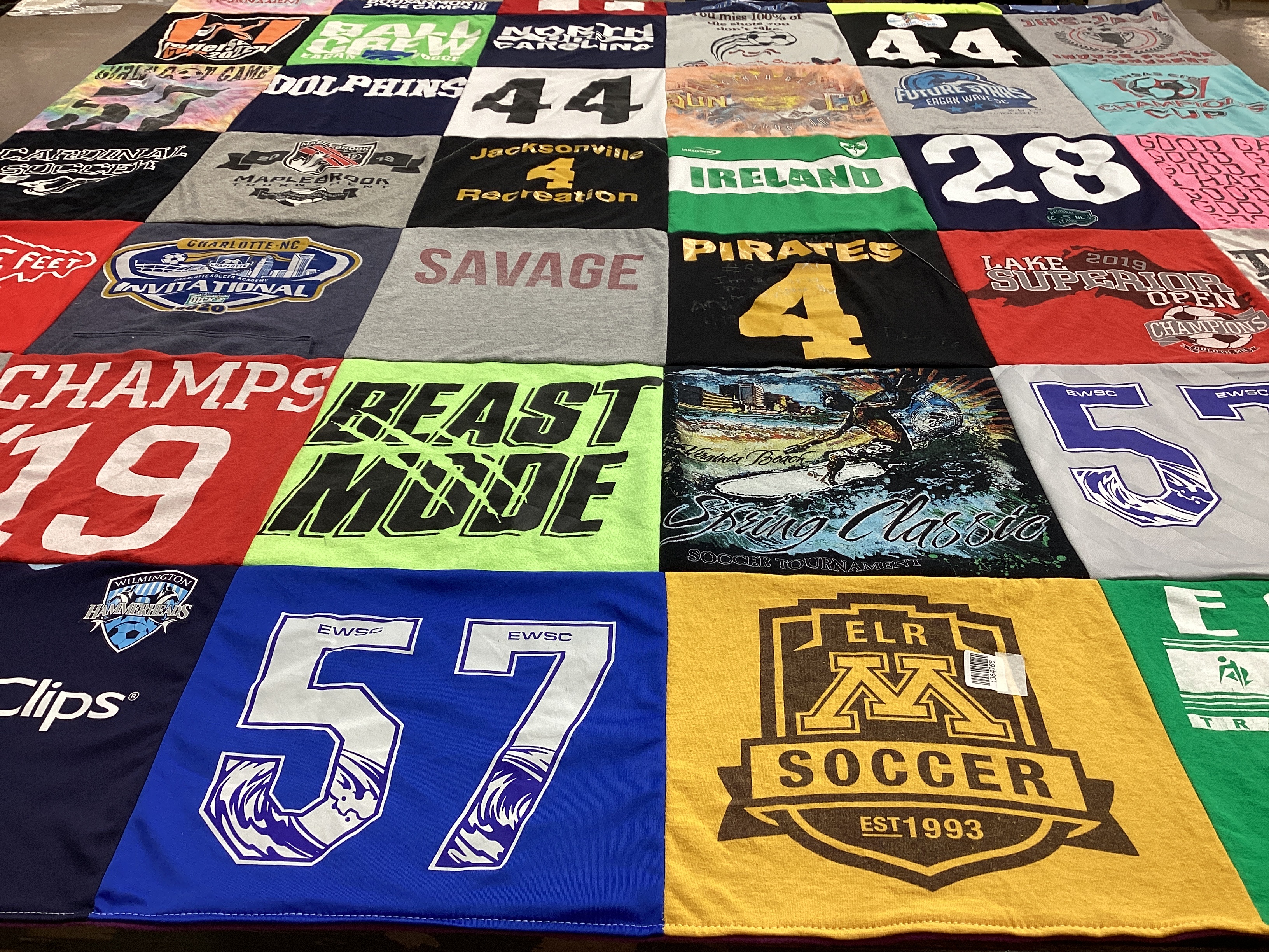 T-shirt quilt with soccer, sports themes by Elisa from NC