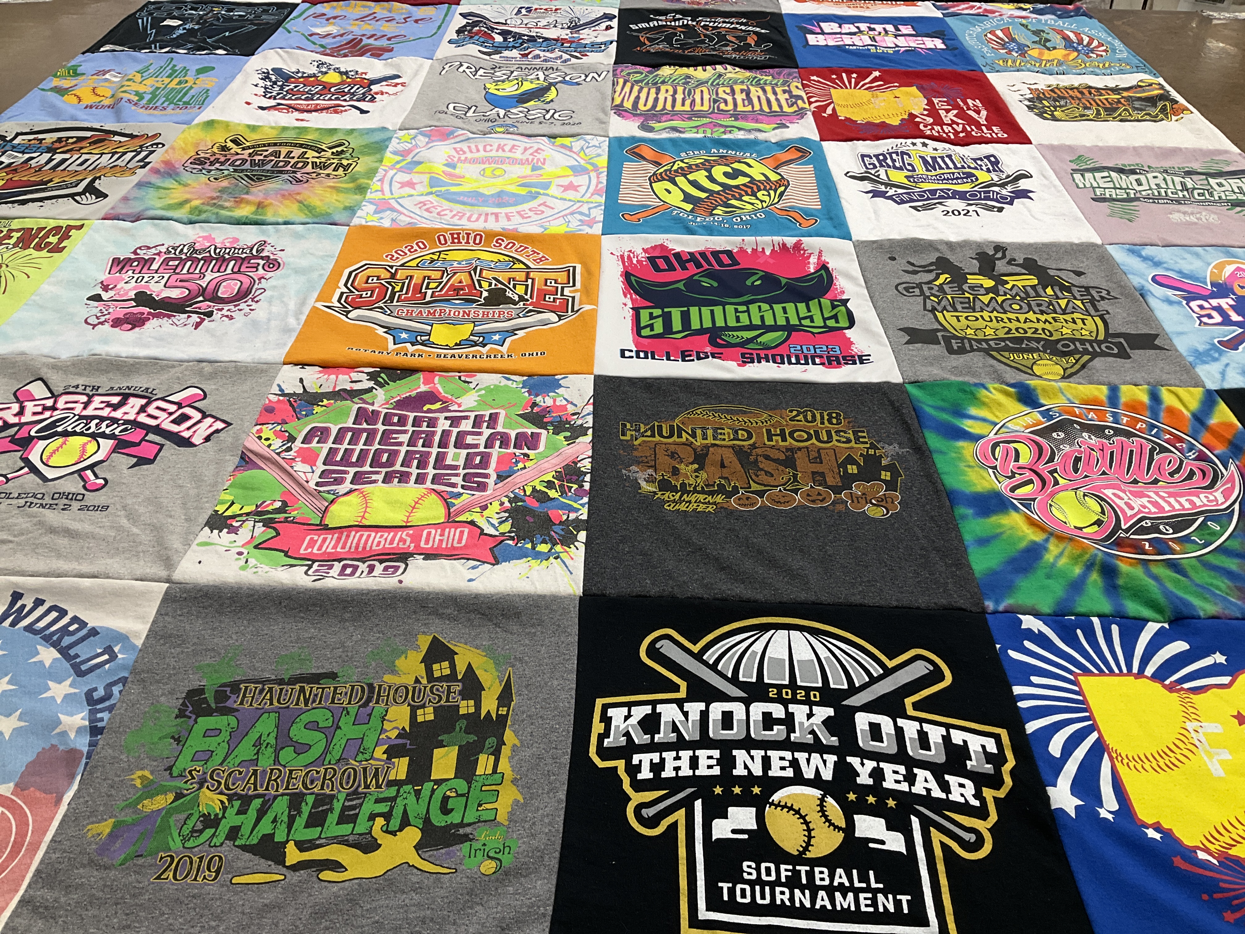 T-shirt quilt with softball, events themes by Stacy from OH