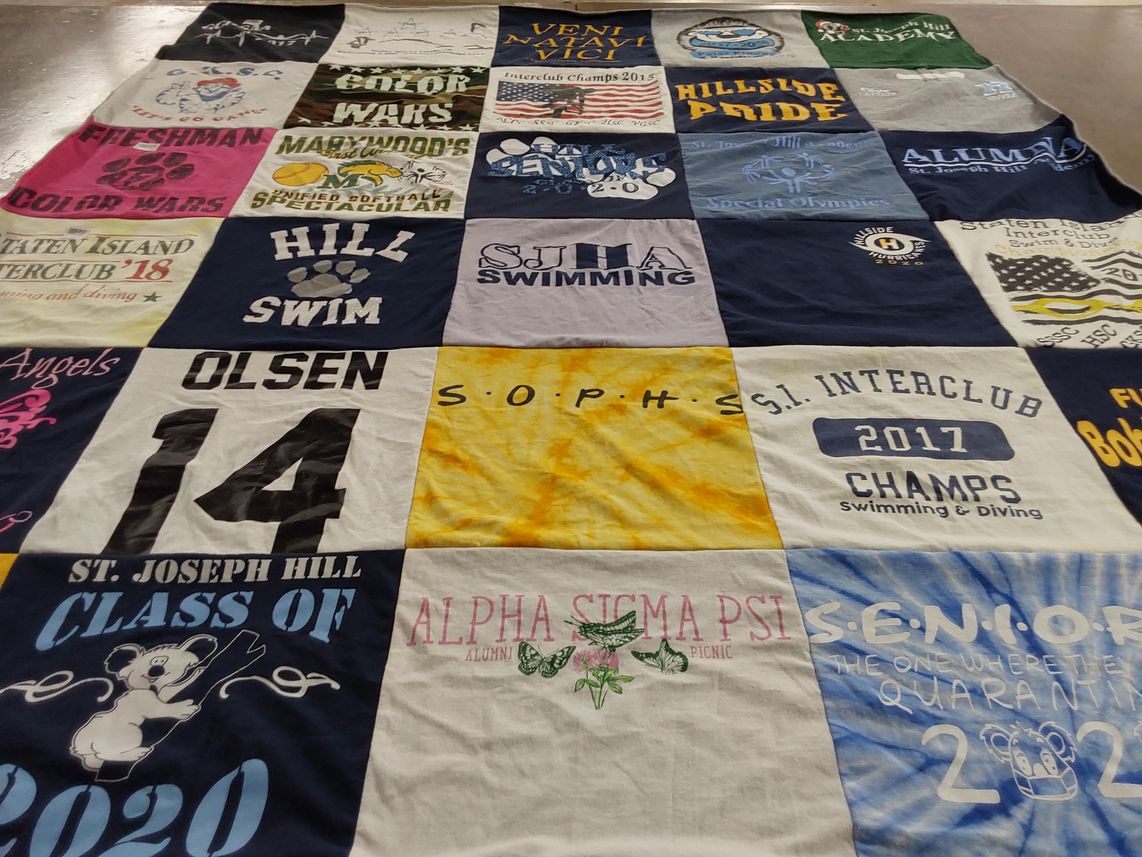 T-shirt quilt featuring st. joseph hill swim team, marywood university swimming team by Colleen from NY