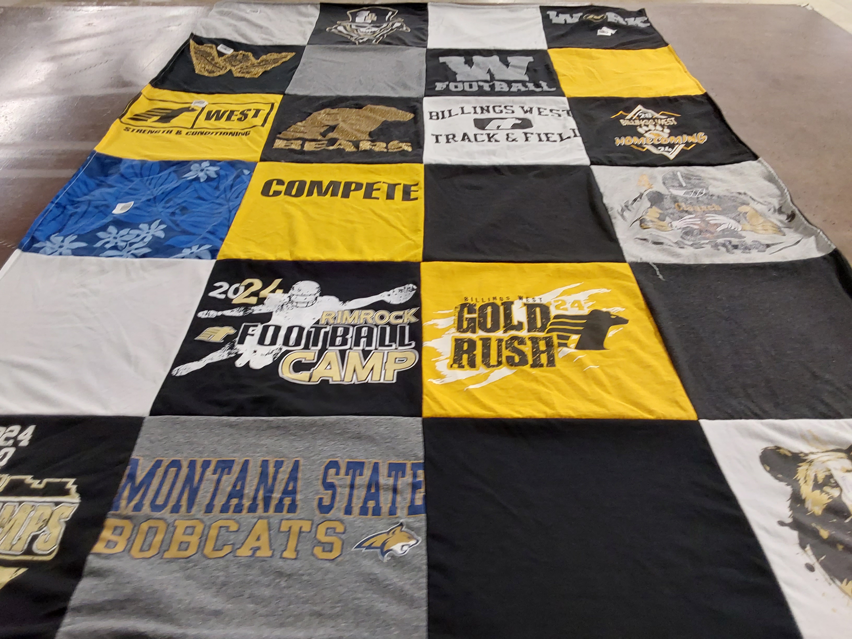 T-shirt quilt featuring billings west high school football team, montana state university bobcats football team by Naomi from MT