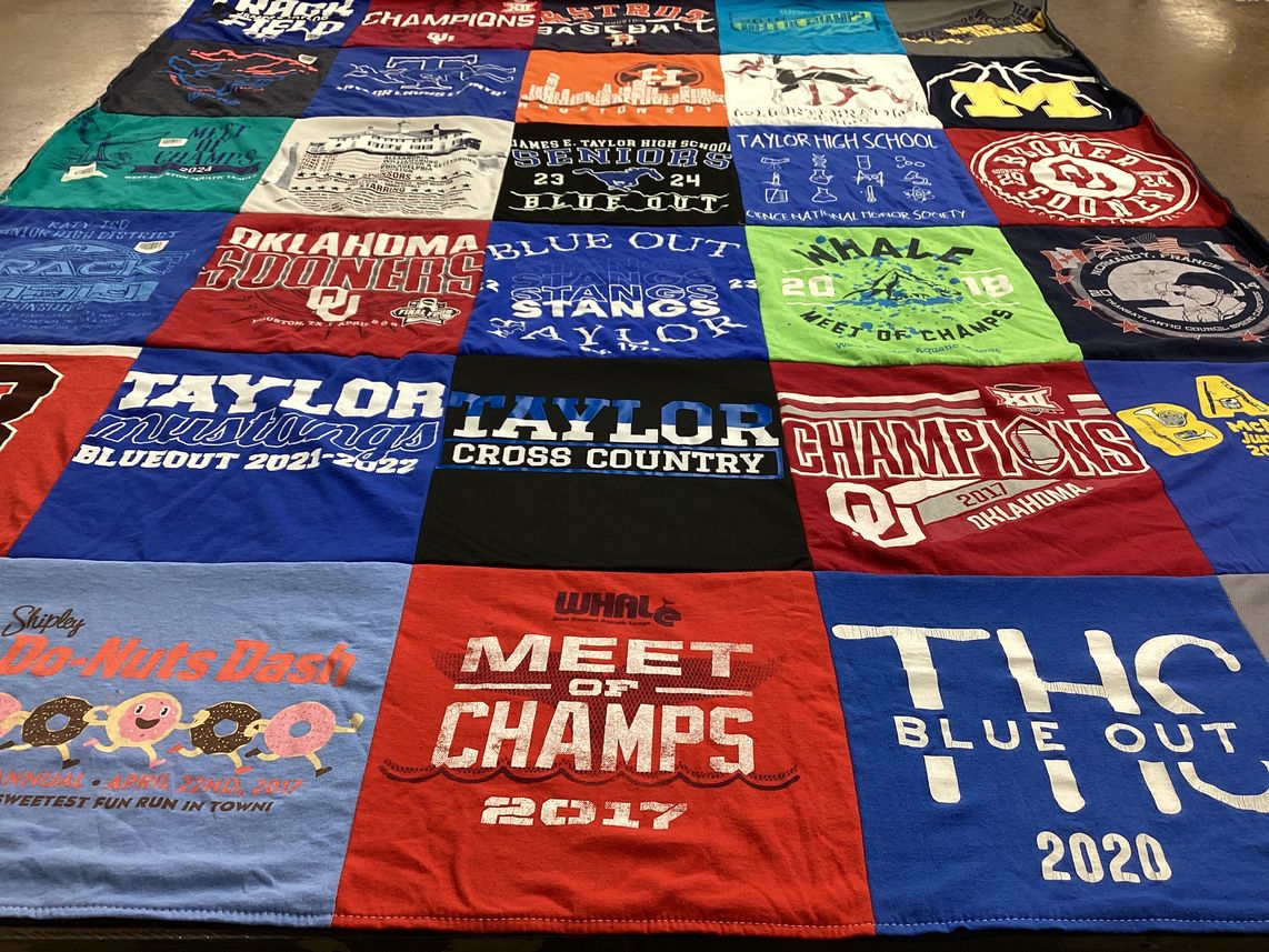 T-shirt quilt featuring oklahoma sooners, taylor mustangs by Jennifer from TX
