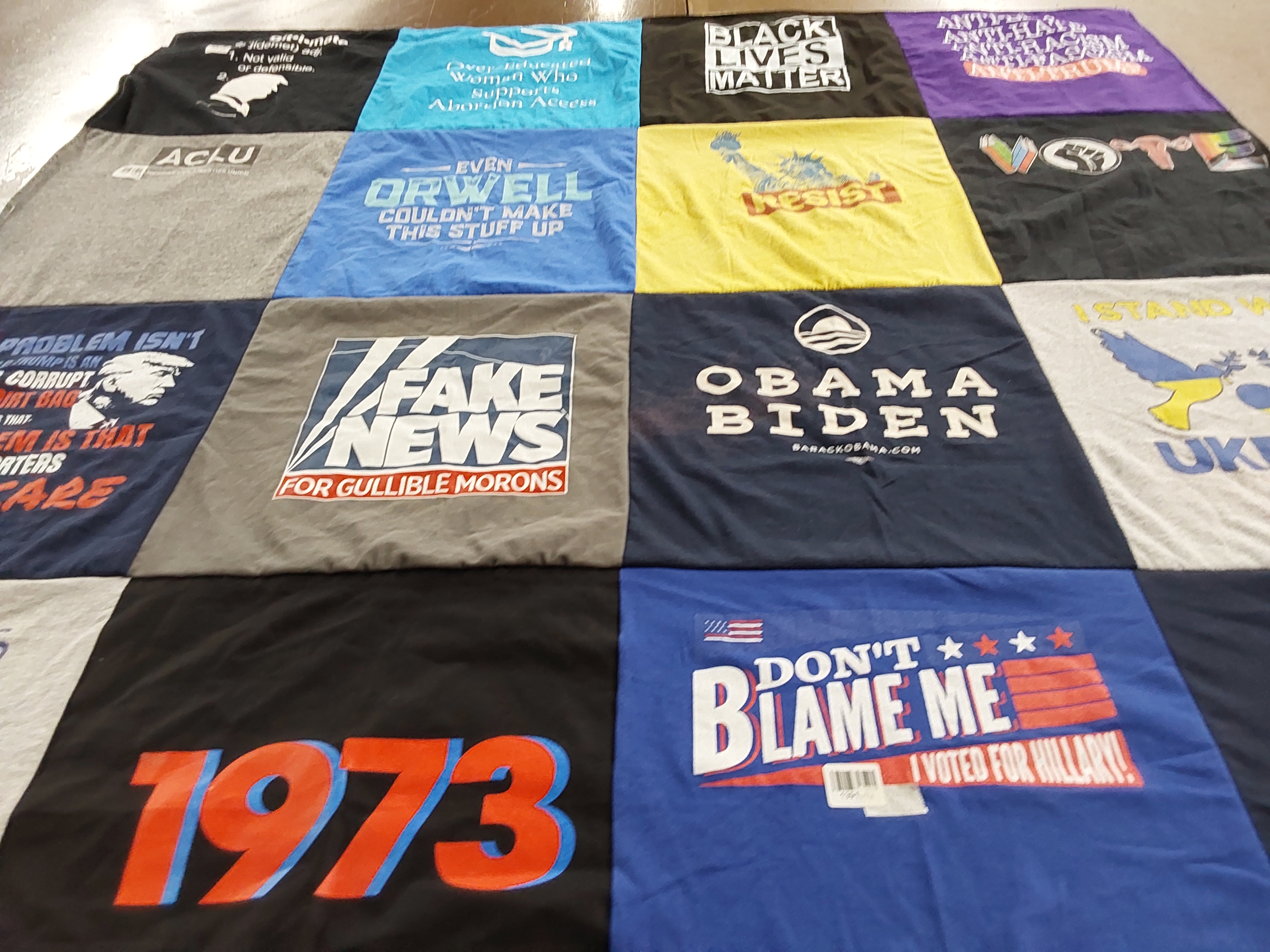 T-shirt quilt with politics, activism themes by Angela from MI