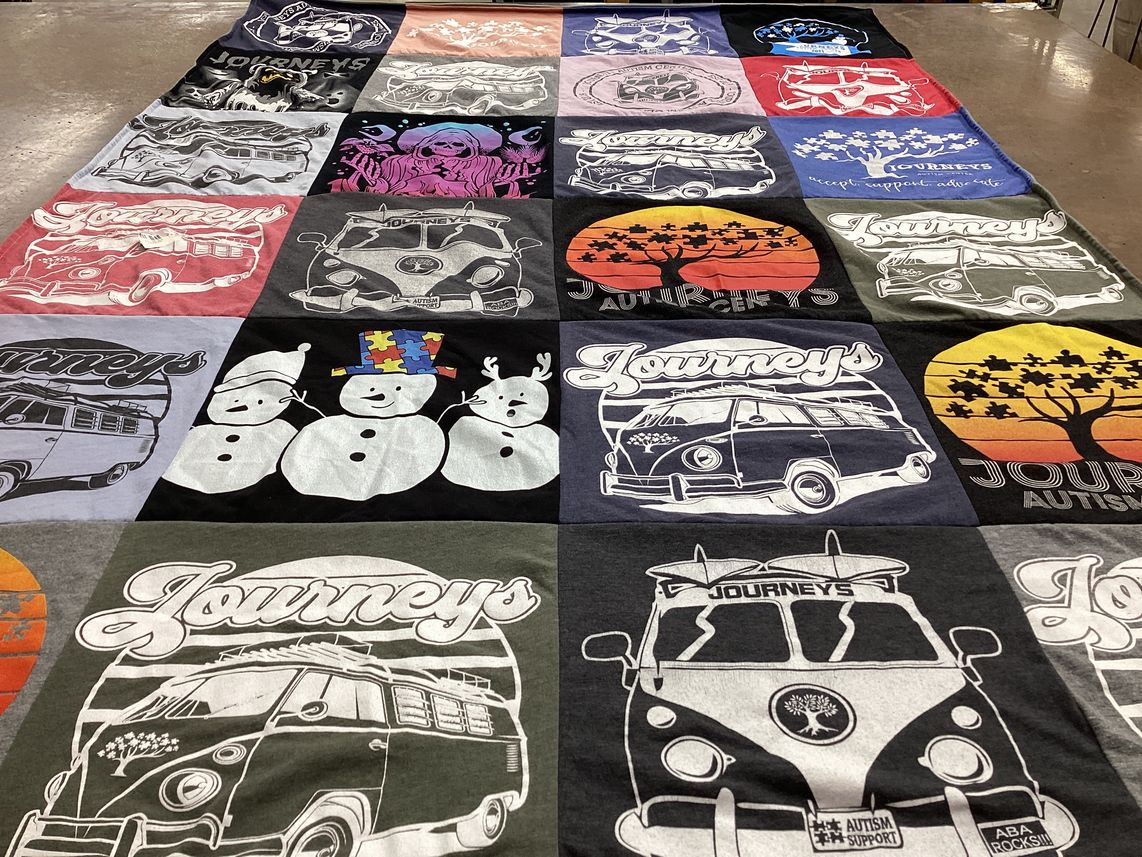 T-shirt quilt with autism awareness, vintage vehicles themes by Joshua from IN