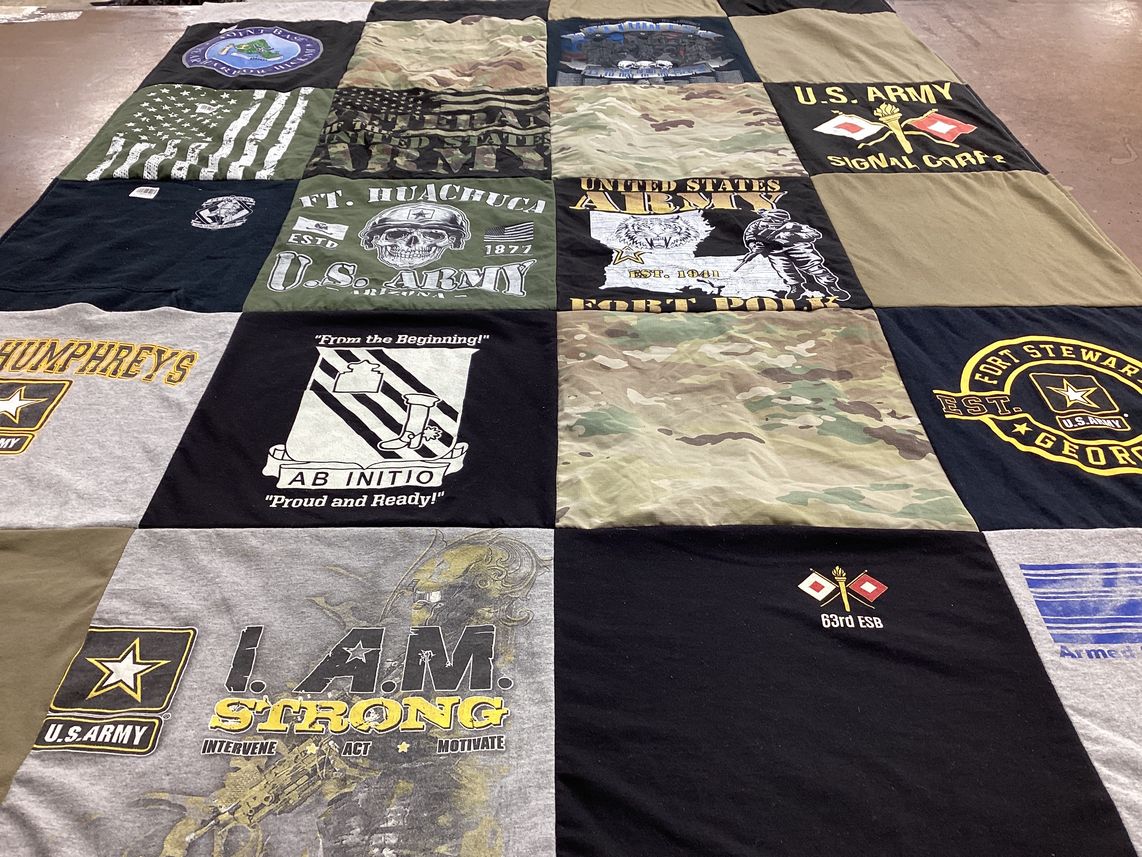 T-shirt quilt with military, army themes by Dylan from AZ