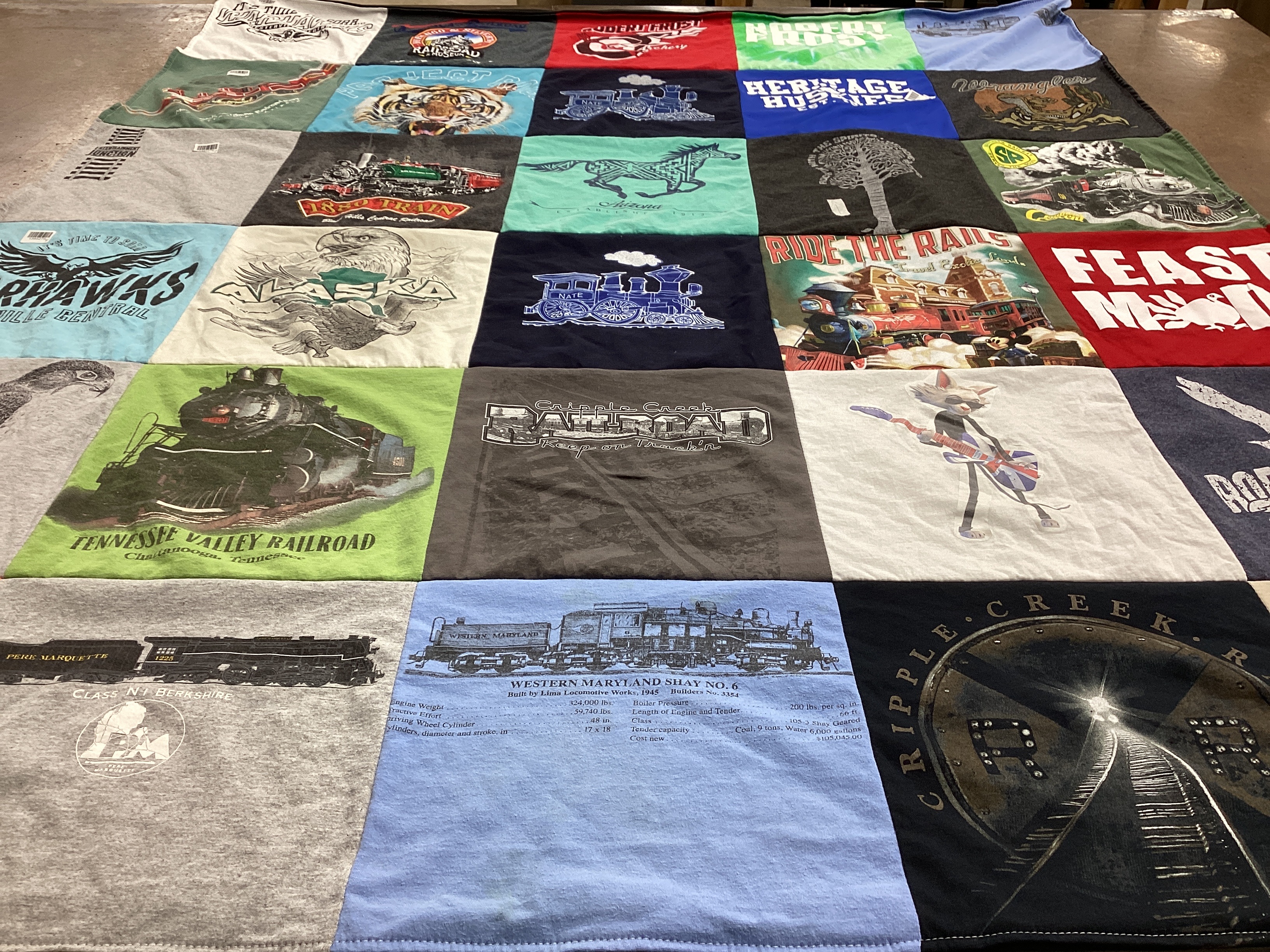 T-shirt quilt with trains, railroads themes by Jeffrey from OH