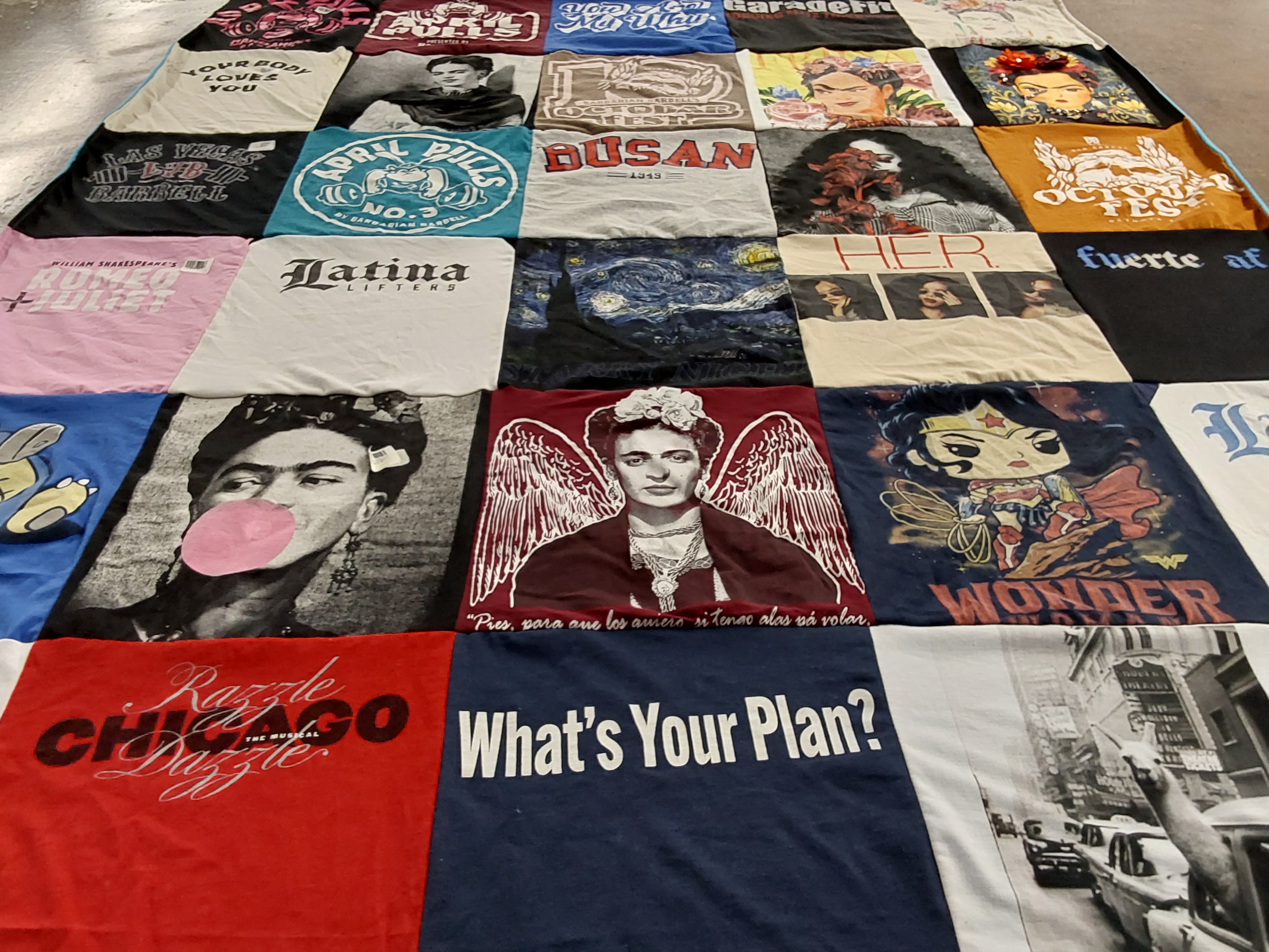 T-shirt quilt with art, empowerment themes by Alejandra from CA
