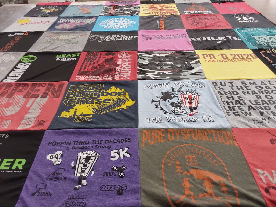 T-shirt quilt with running, fitness themes by Lisa from OH