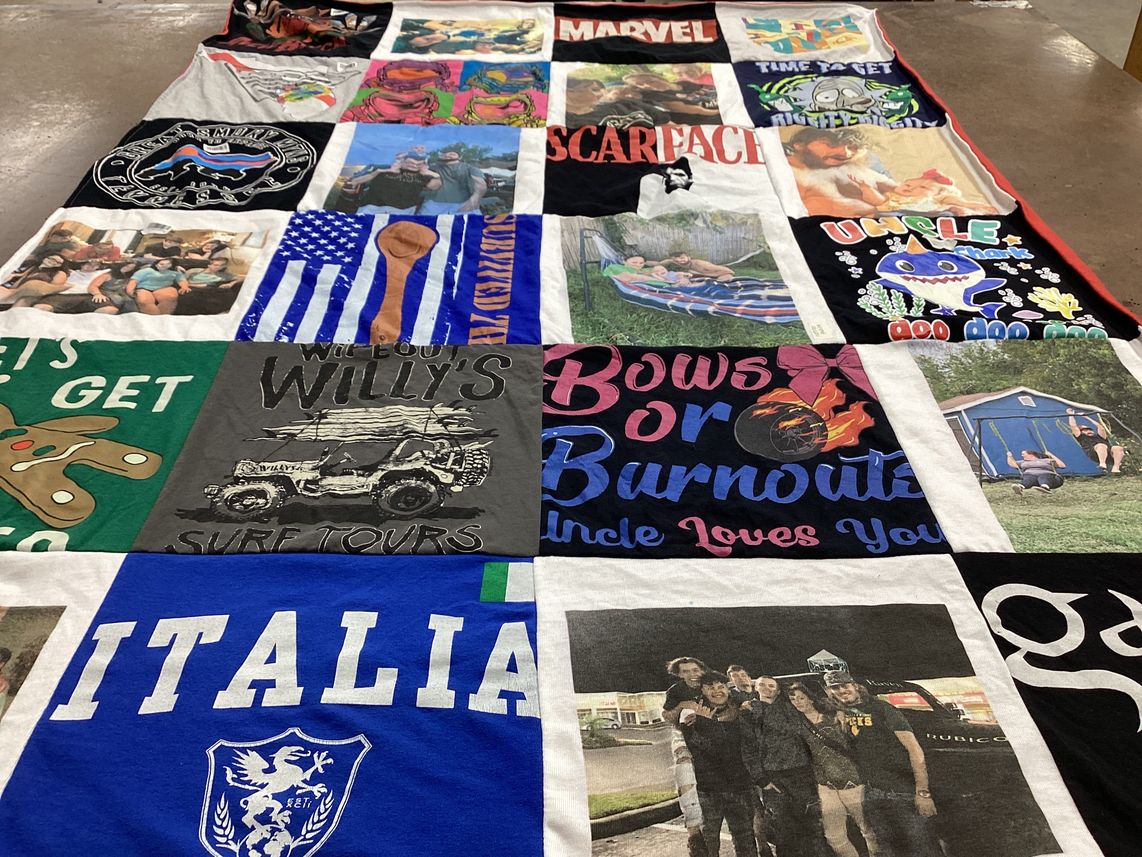 T-shirt quilt with surfing, family themes by Alexie from FL