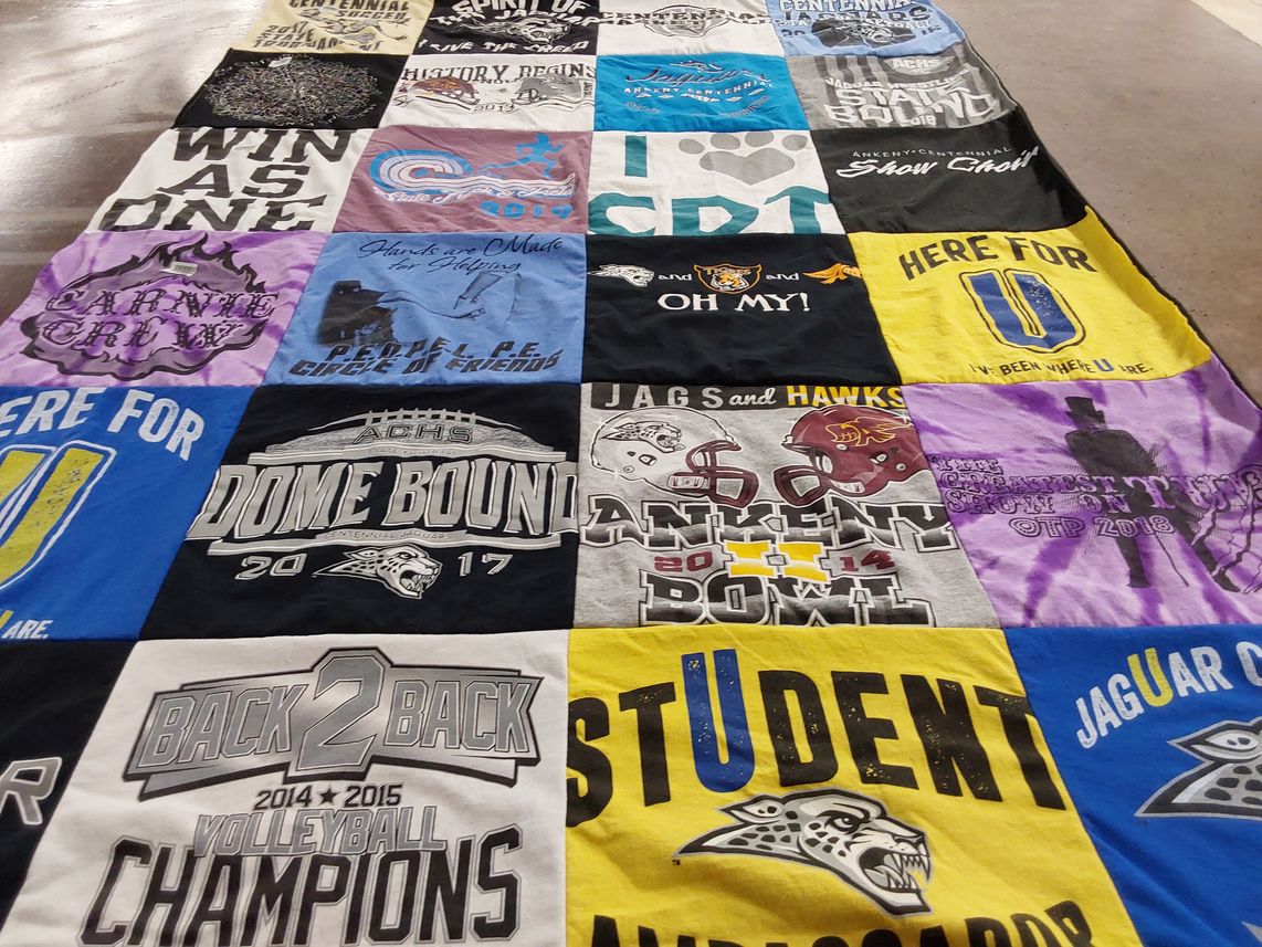 T-shirt quilt featuring centennial jaguars, ankeny hawks by Jennifer from IA