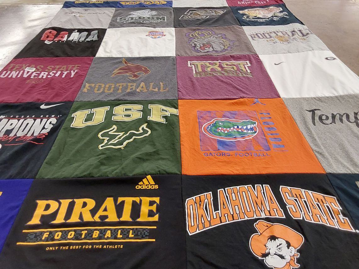T-shirt quilt featuring university of south florida football, oklahoma state university football by Brittany from NC