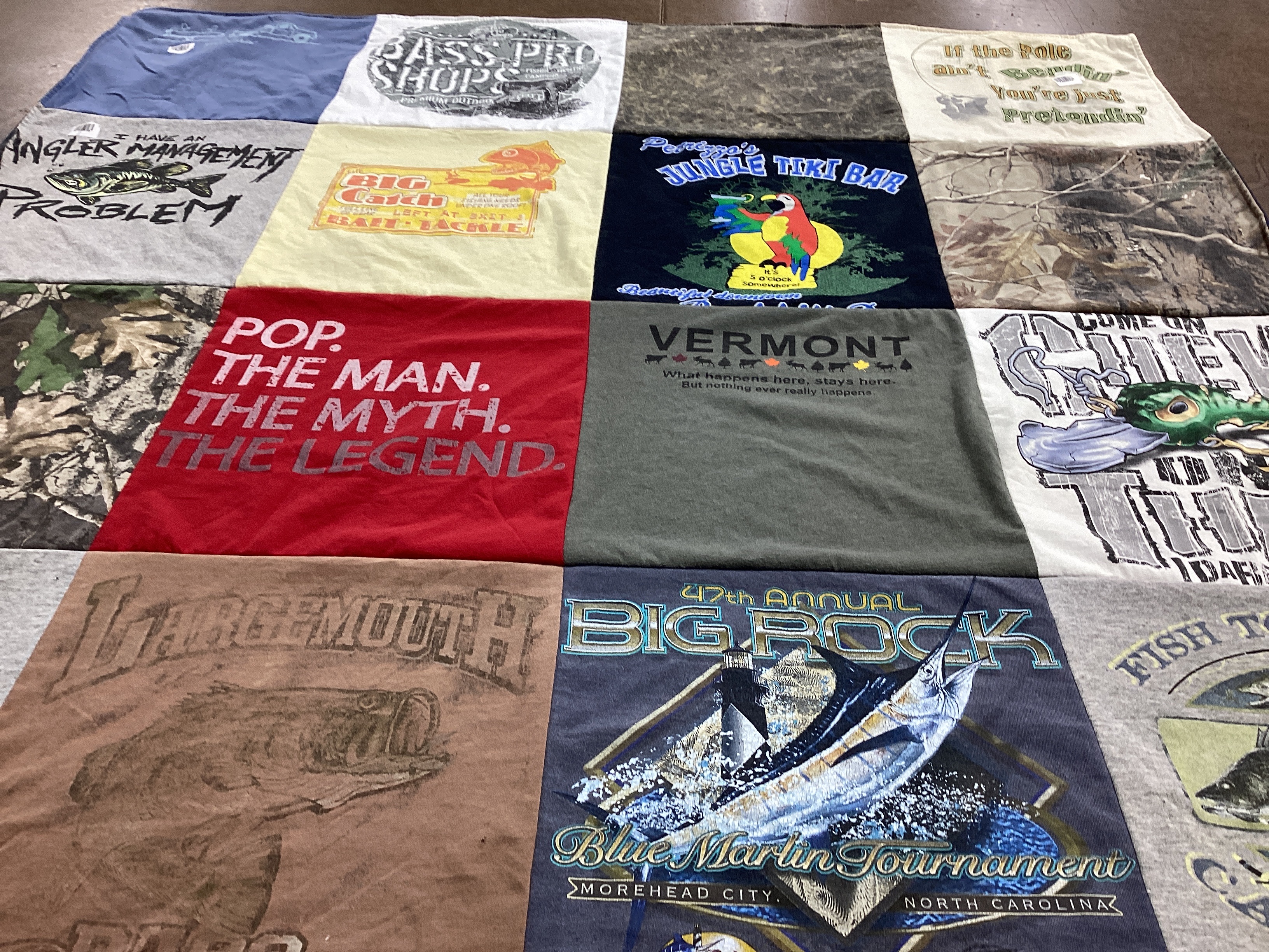 T-shirt quilt with fishing, outdoor activities themes by Karin from MD
