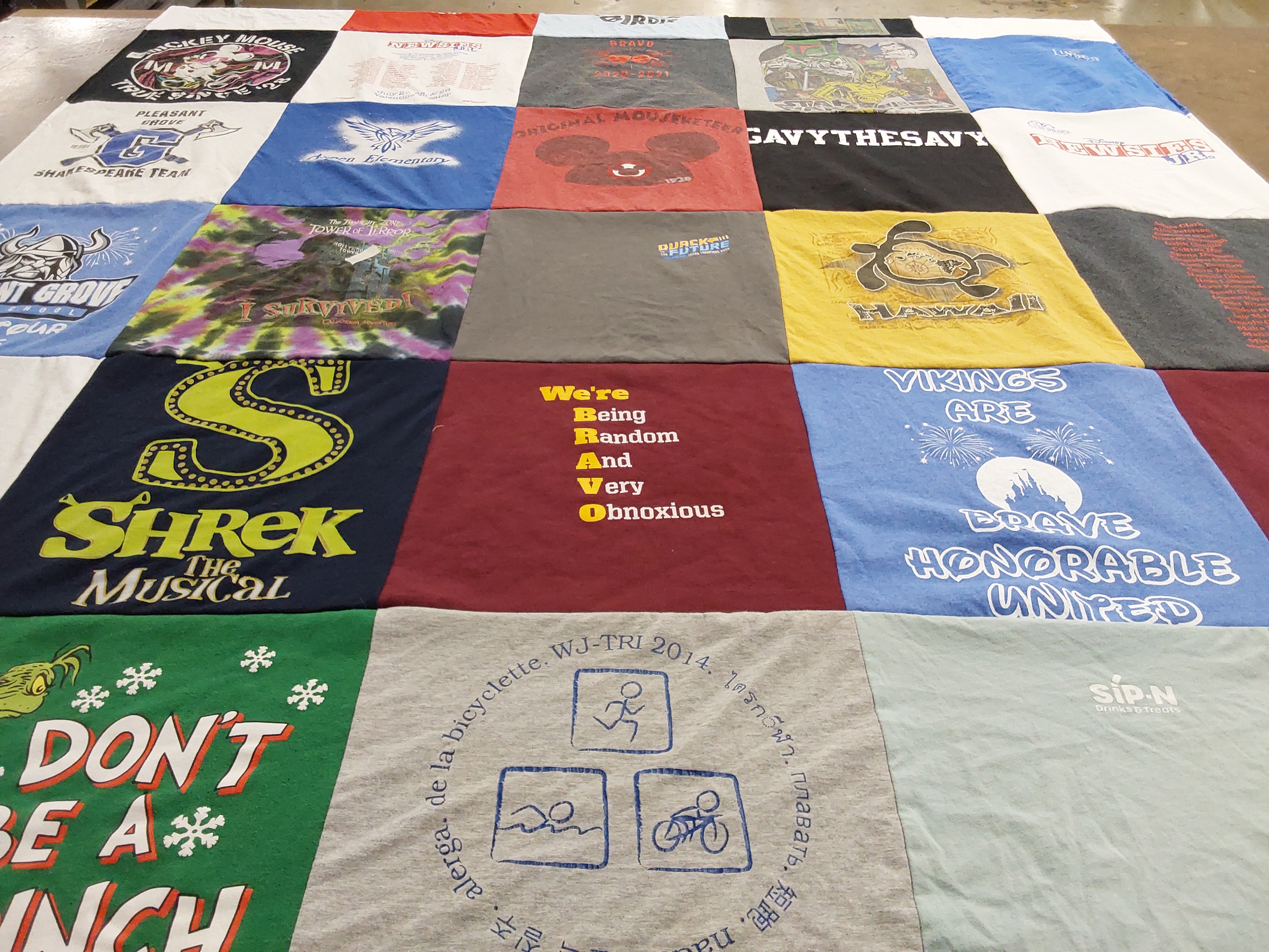T-shirt quilt with theater, musicals themes by Jen from UT
