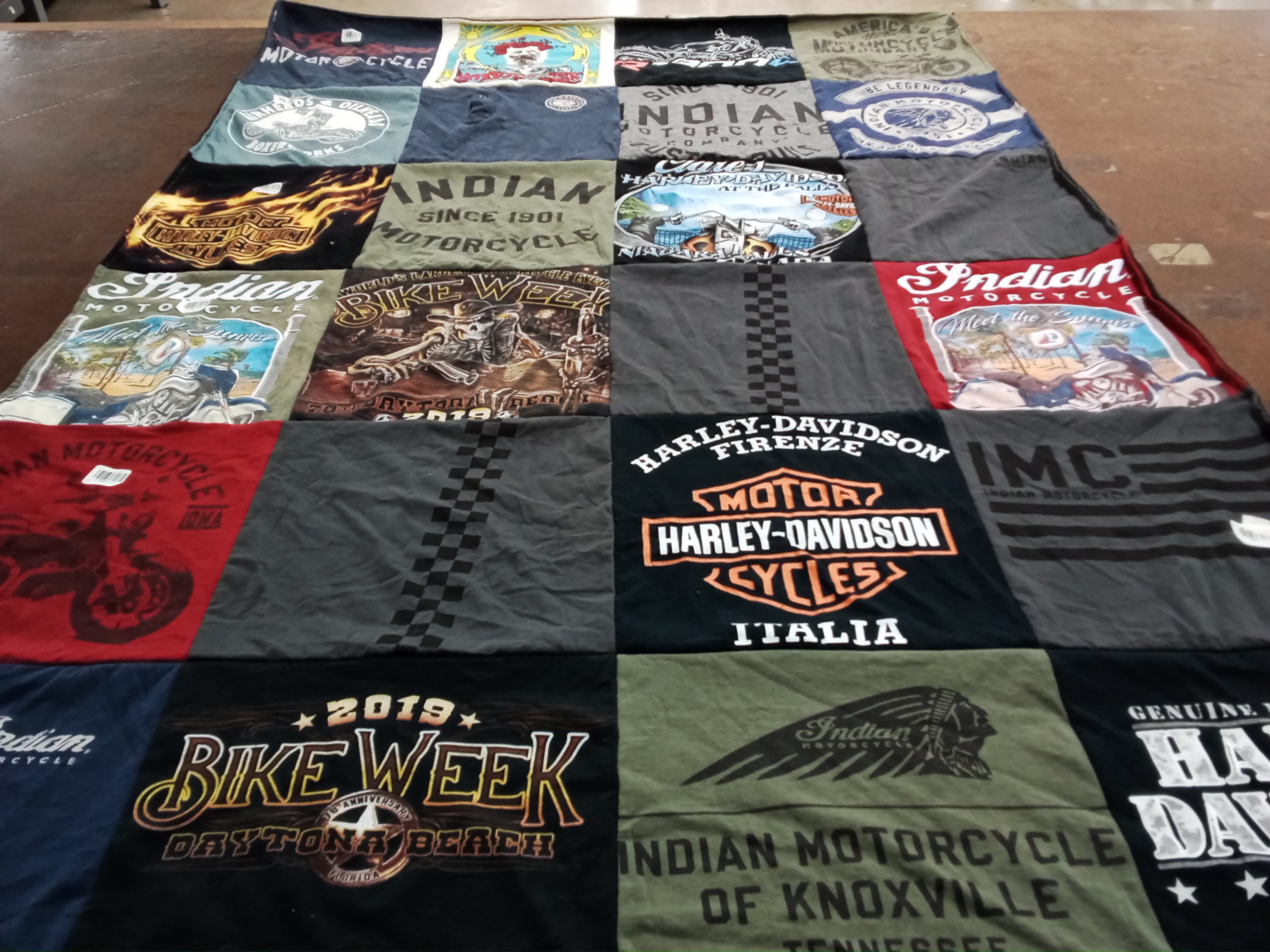T-shirt quilt with motorcycles, riding themes by Rosemary from NJ