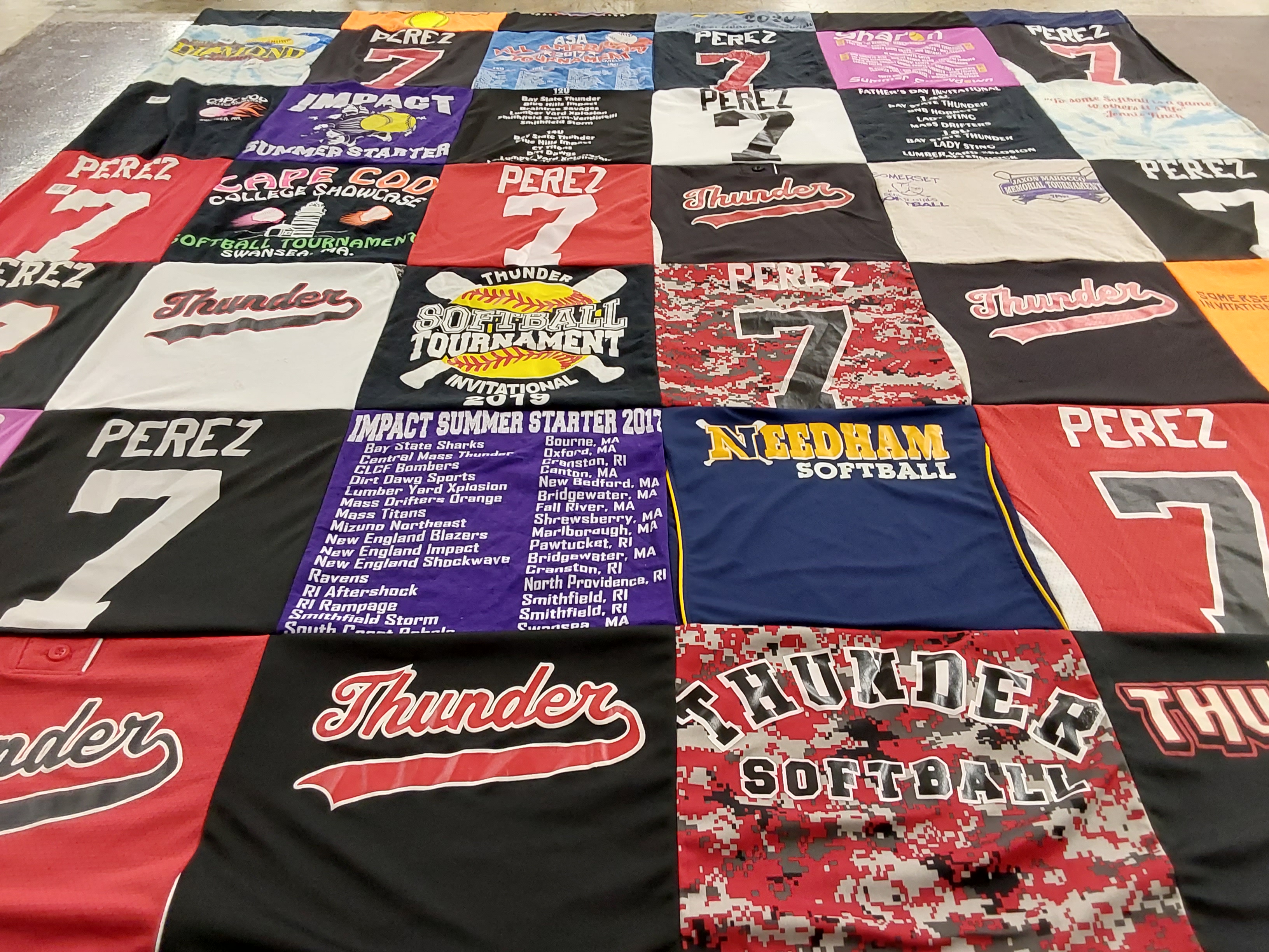 T-shirt quilt with softball, sports themes by Laura from MA