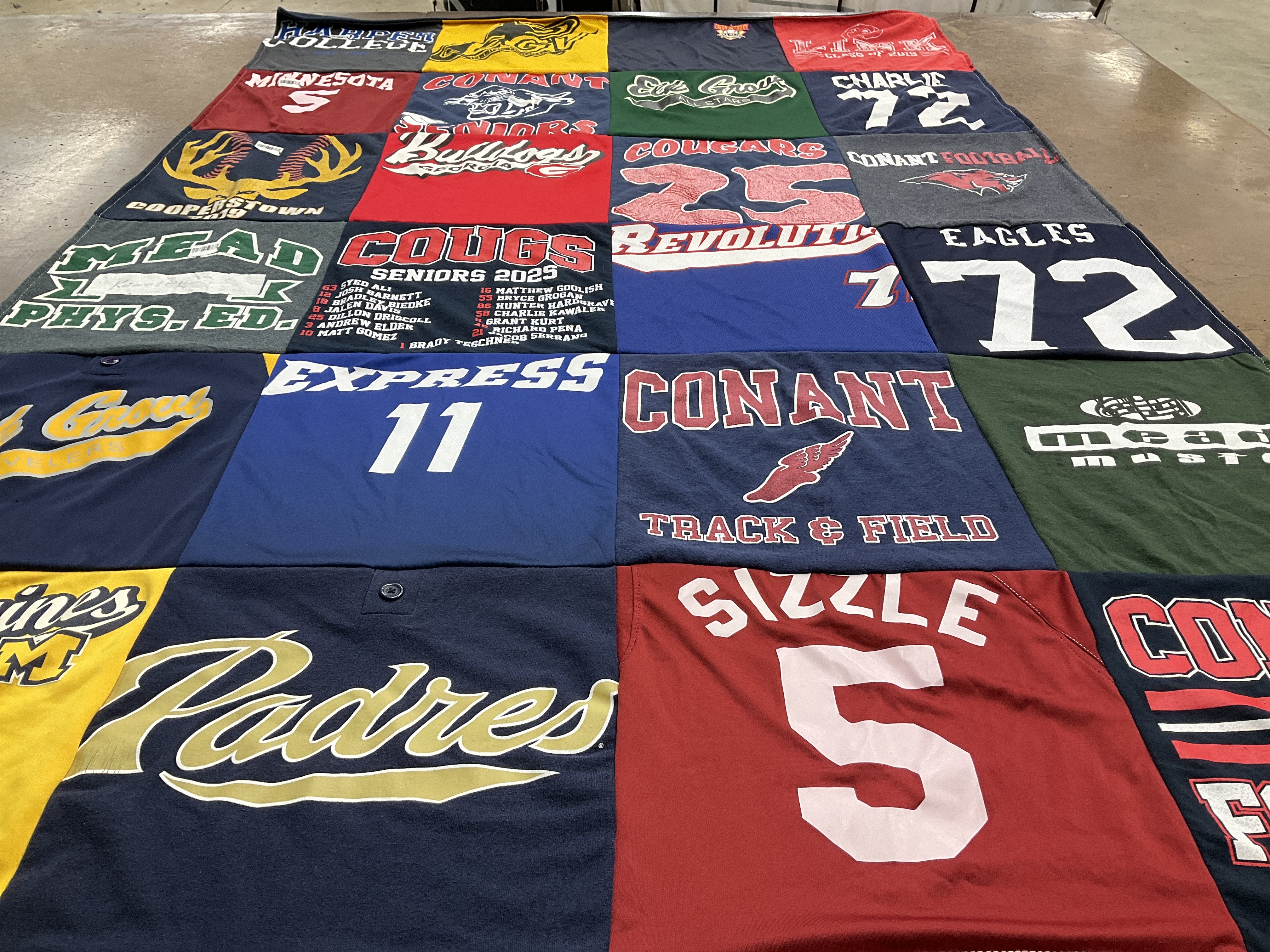 T-shirt quilt featuring cougars, padres by Christine from IL