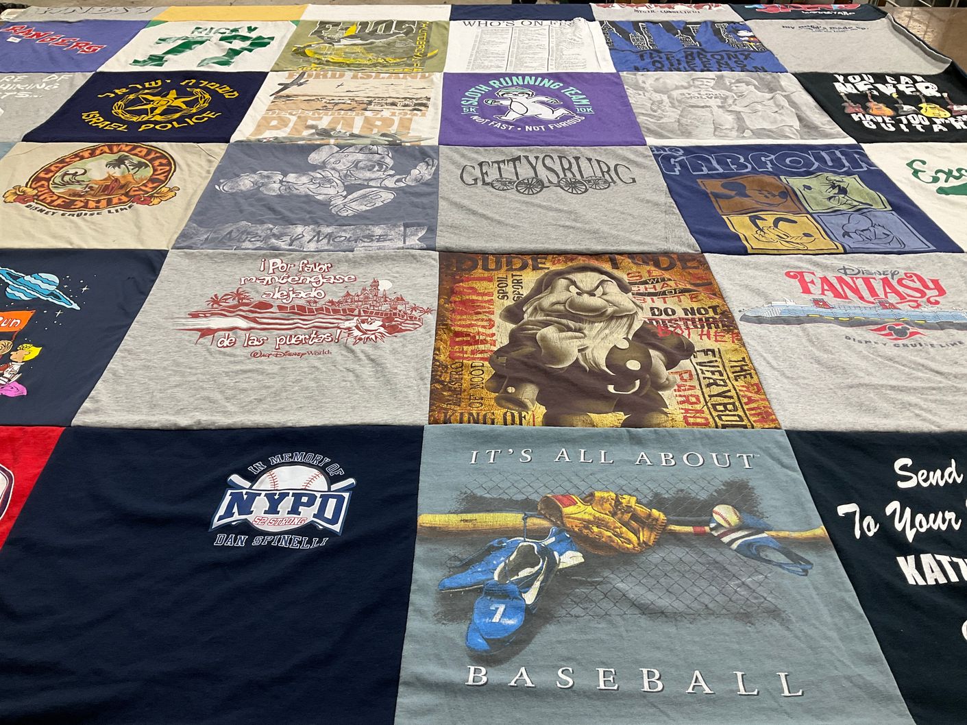 T-shirt quilt with baseball, disney themes by Jayne from NY