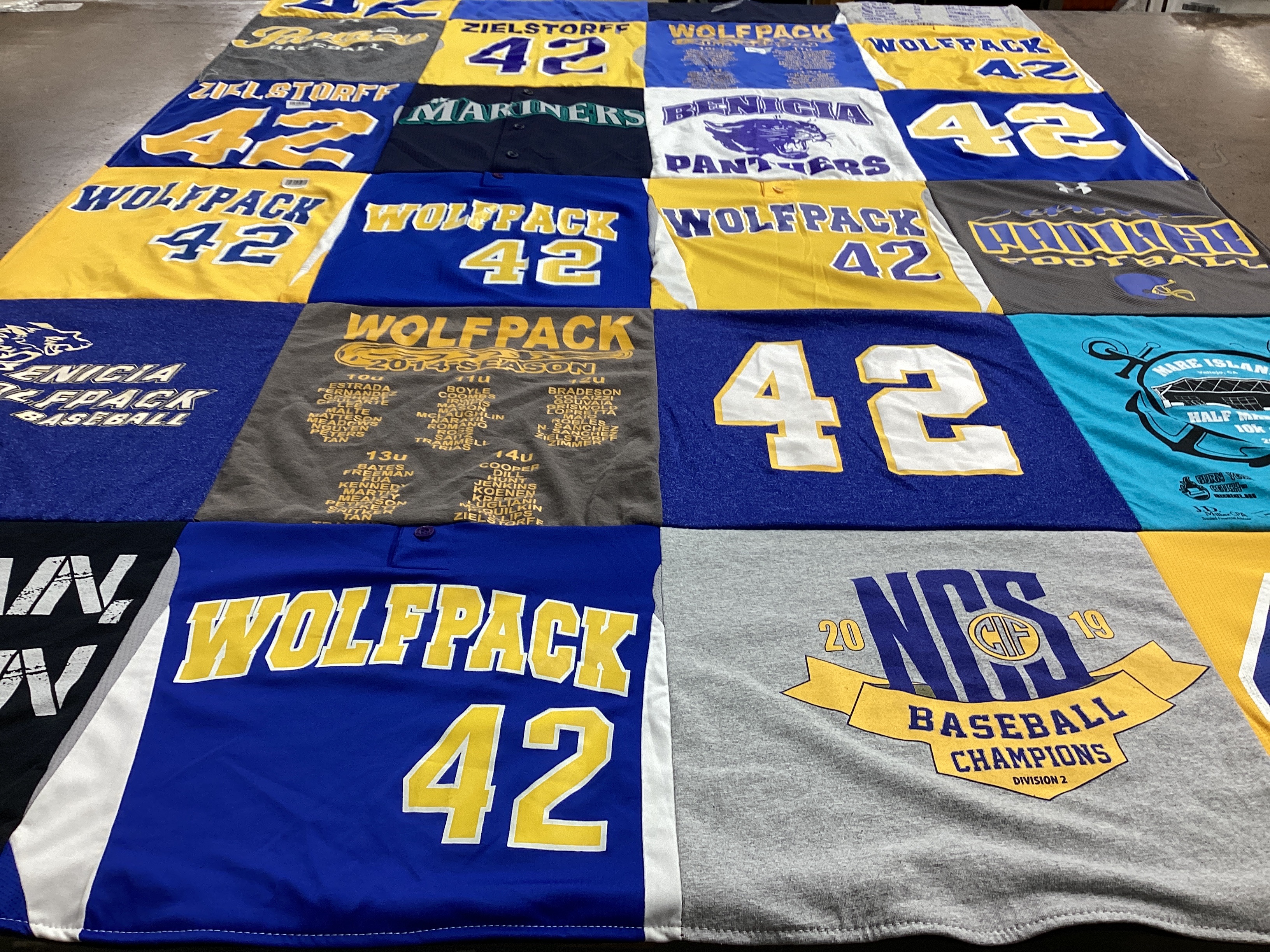 T-shirt quilt featuring benicia high school panthers, valencia wolfpack by Jackie from CA