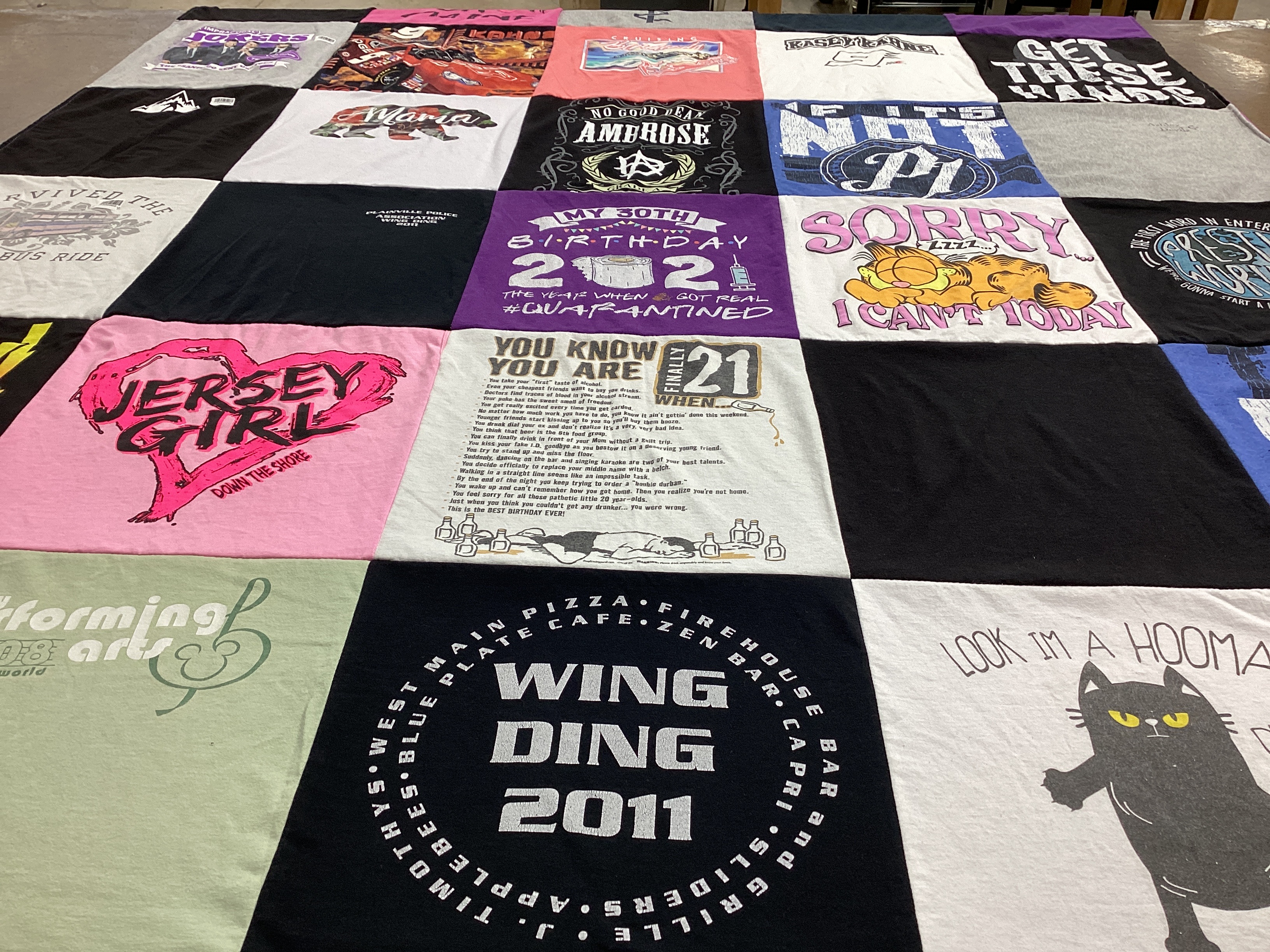 T-shirt quilt with pizza, performing arts themes by Ashley from CT