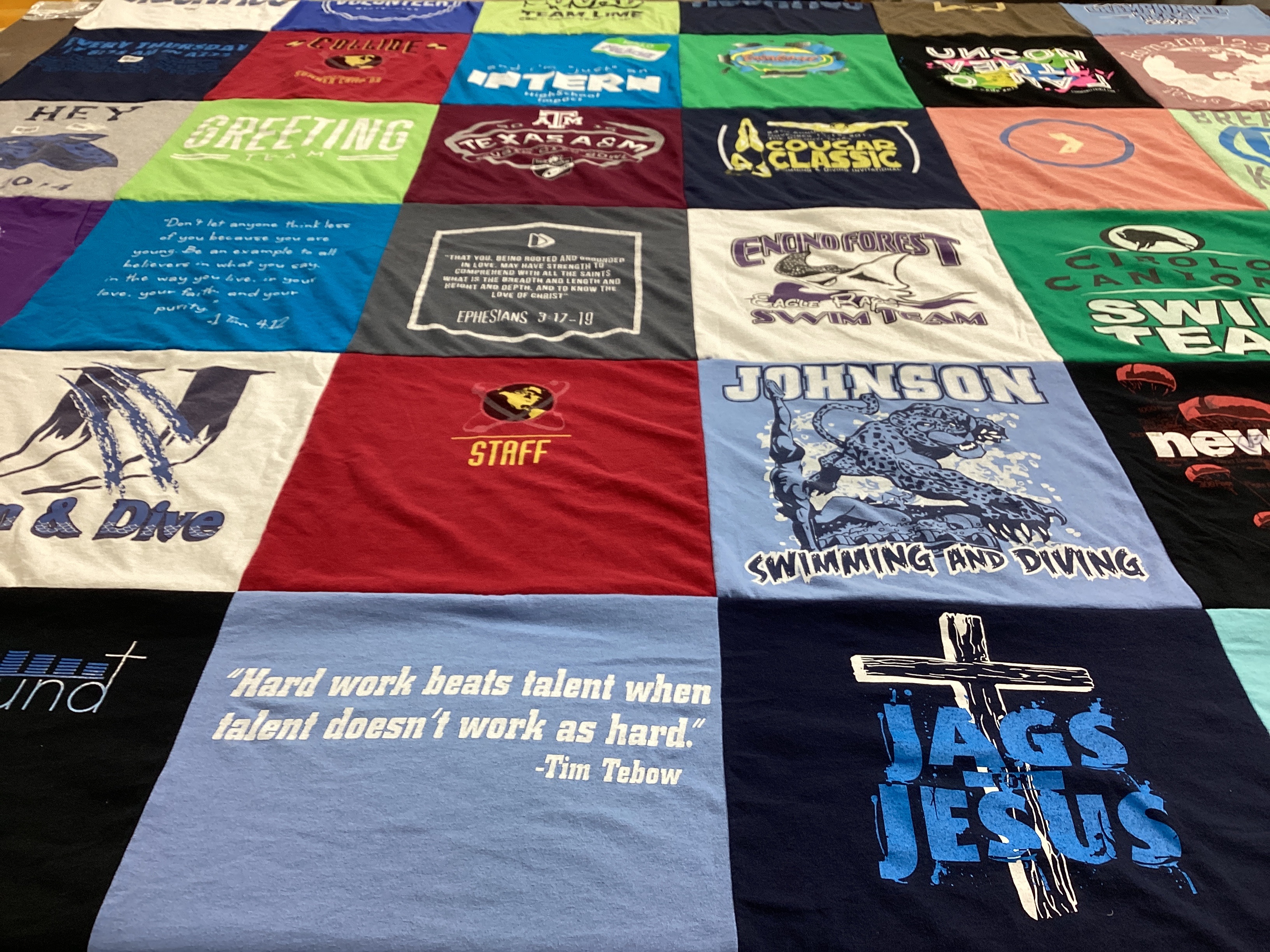 T-shirt quilt featuring swimming and diving team by Maria from TX
