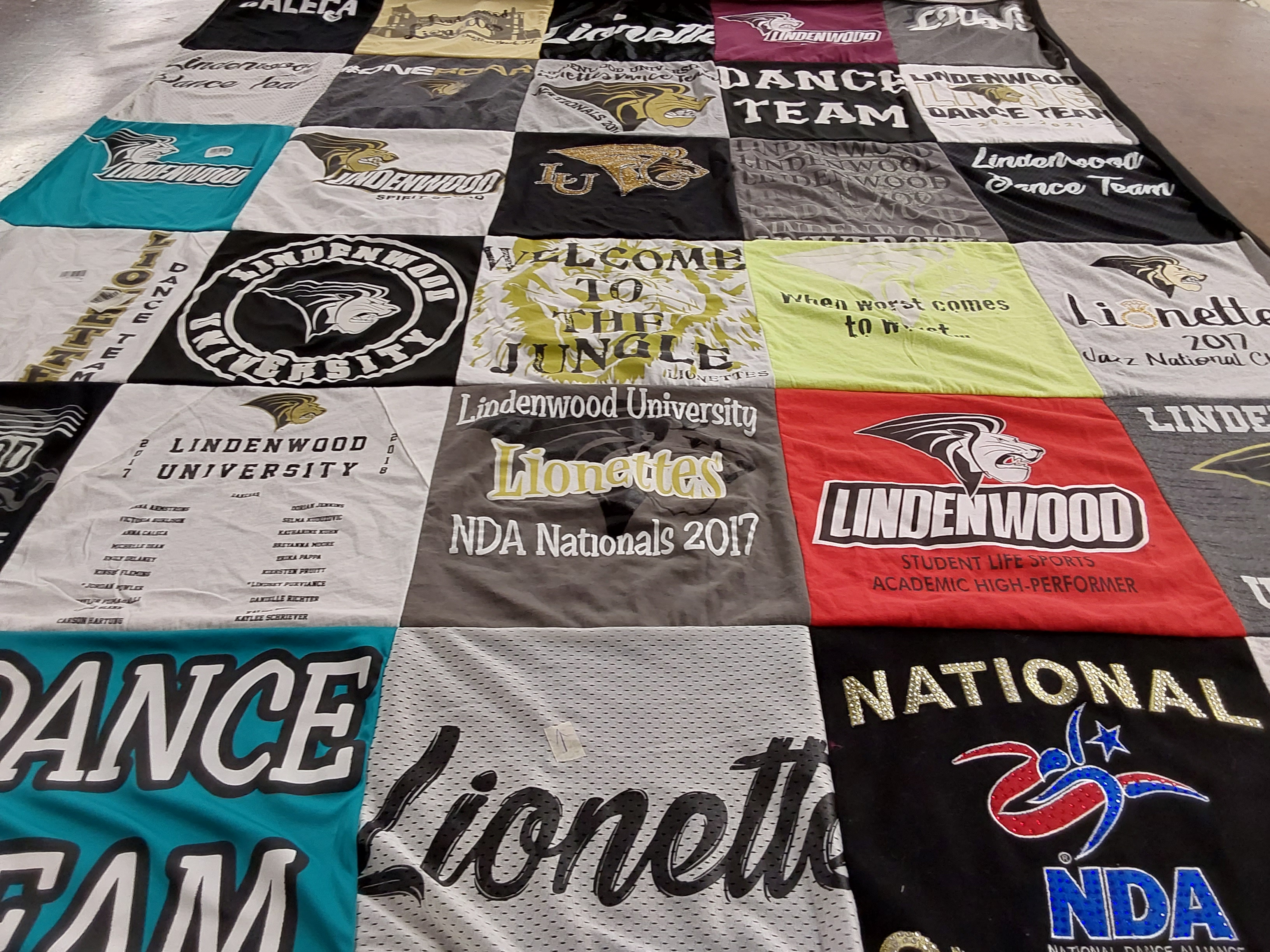 T-shirt quilt featuring lindenwood university lionettes by Michelle from MO