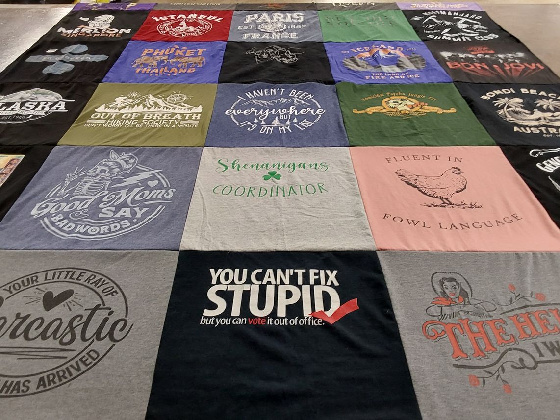 T-shirt quilt with travel, hiking themes by Nicole from VA