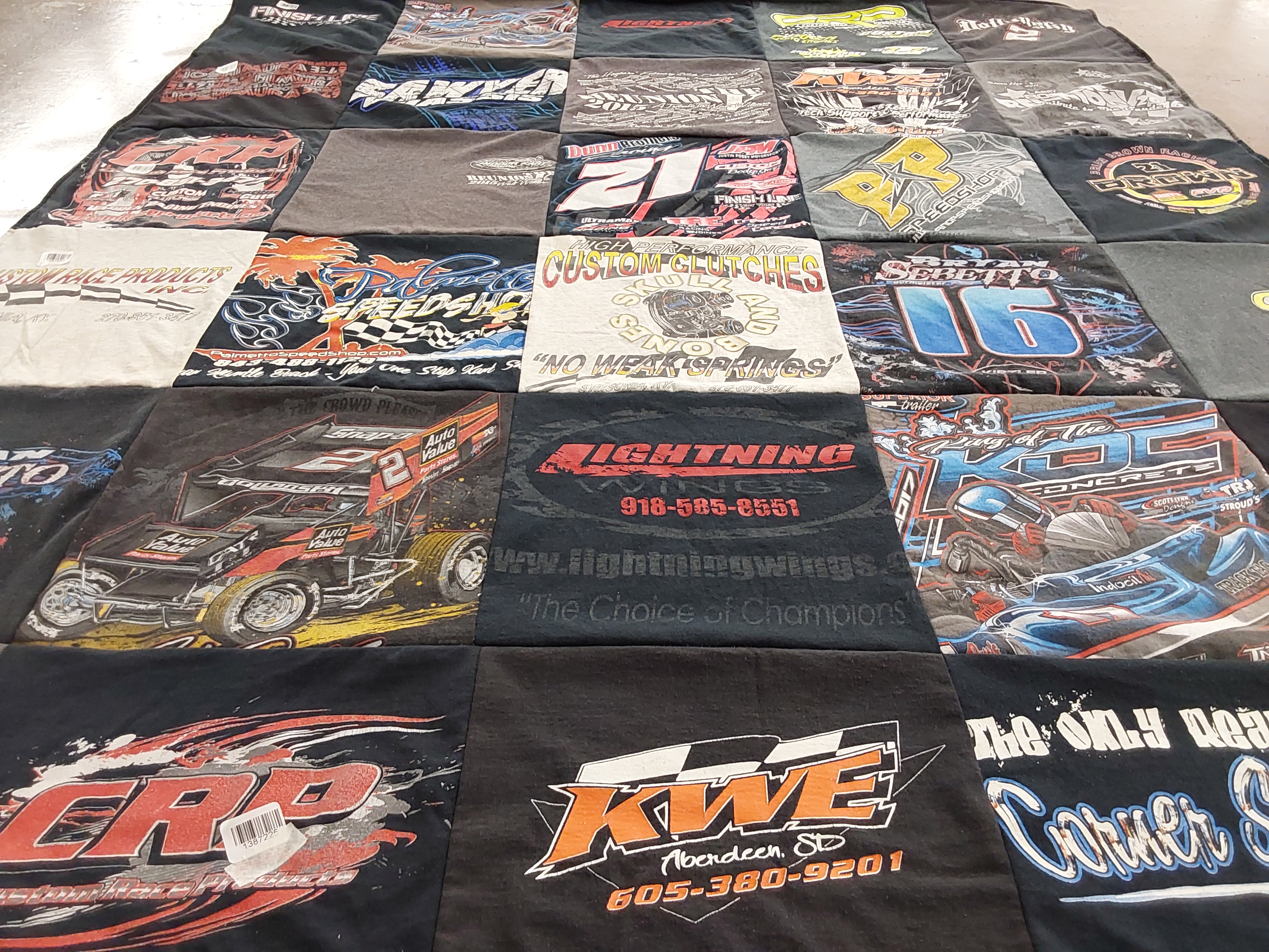 T-shirt quilt with racing, motorsports themes by Bethany from OH