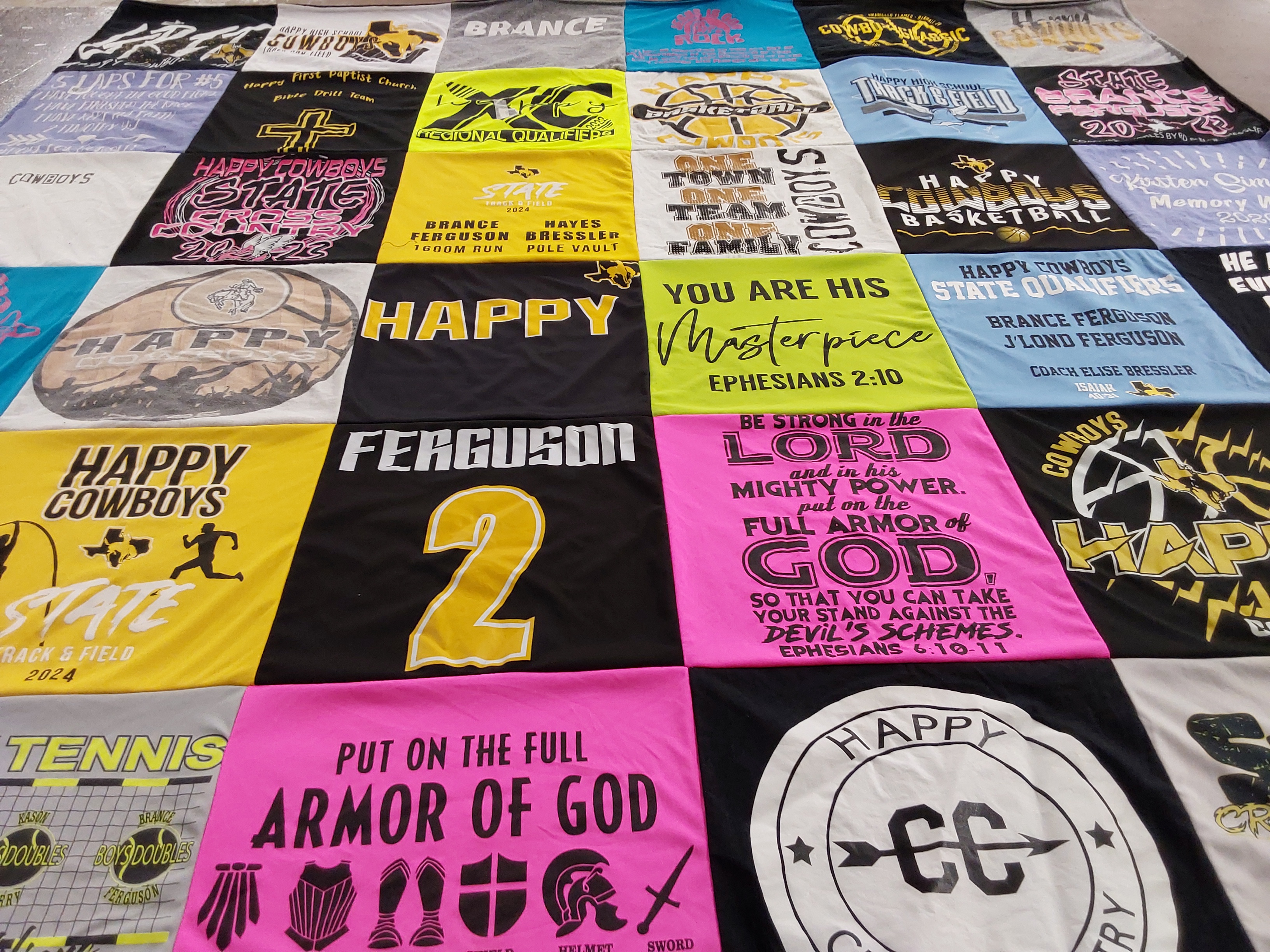 T-shirt quilt featuring cowboys track and field team, cowboys basketball team by Amber from TX
