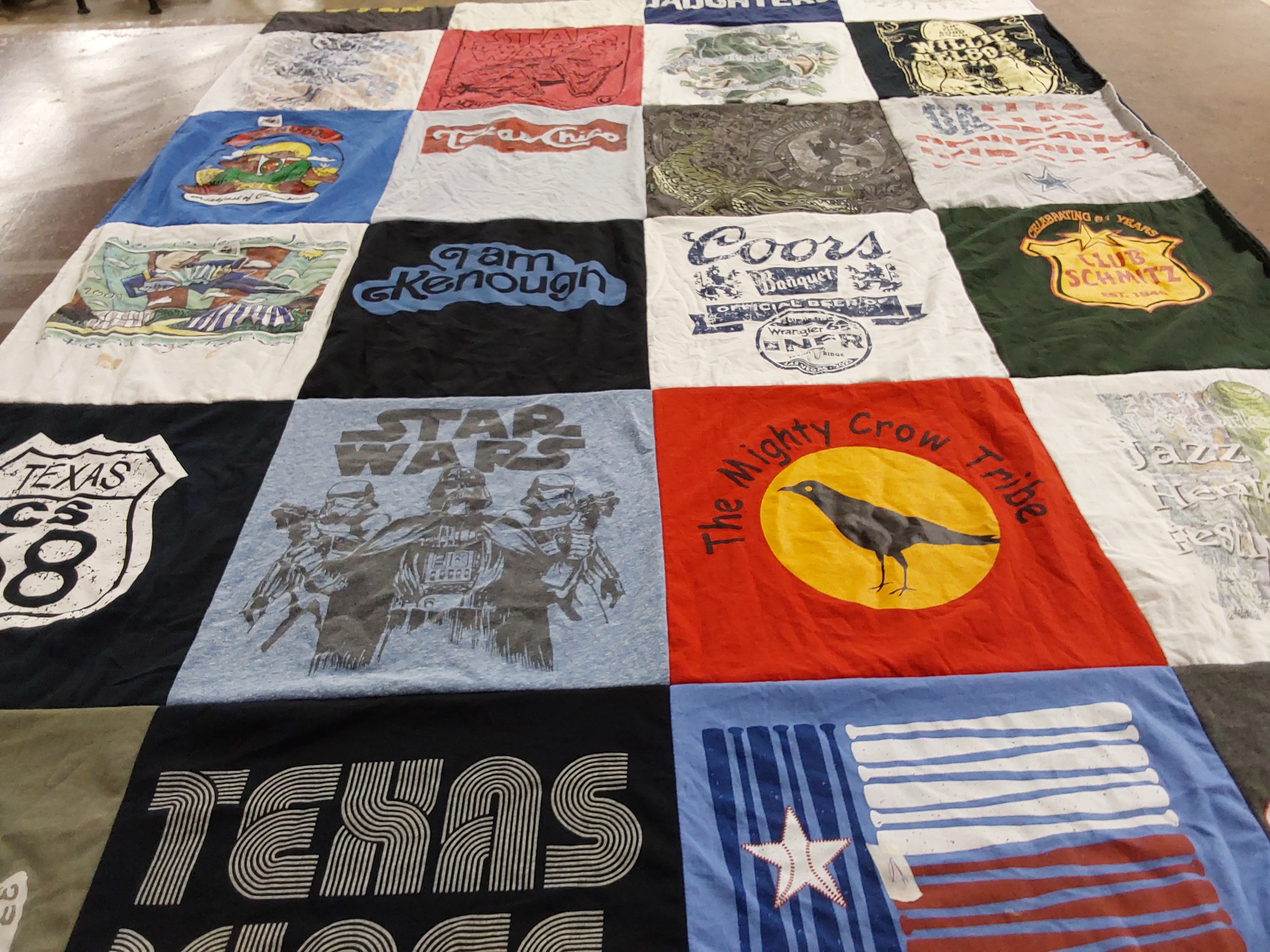 T-shirt quilt with texas culture, music festivals themes by Rebecca from TX