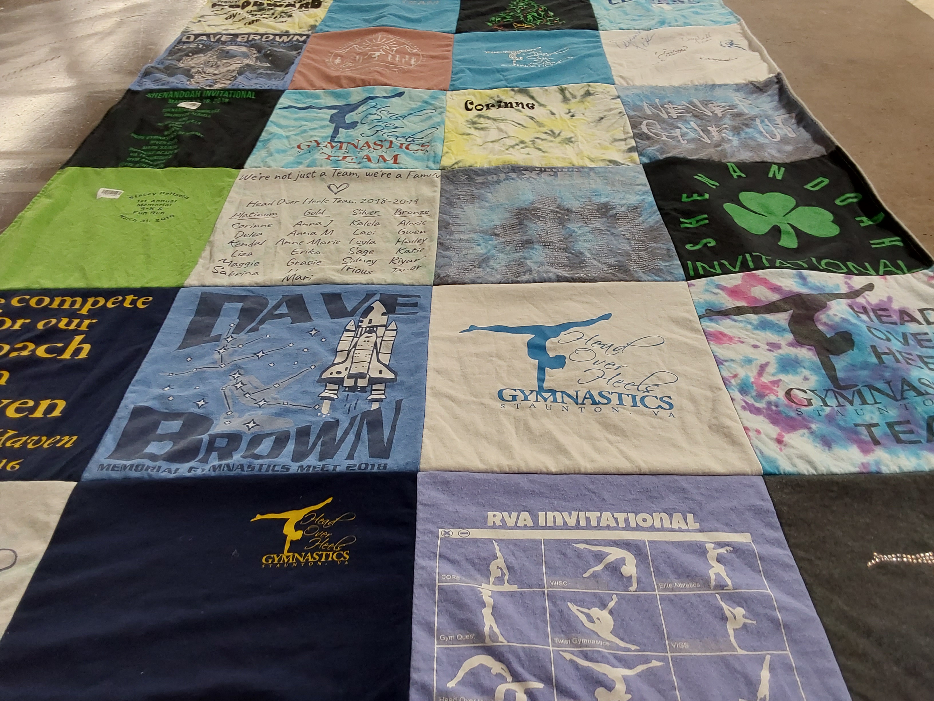 T-shirt quilt featuring head over heels gymnastics team by Tara from VA