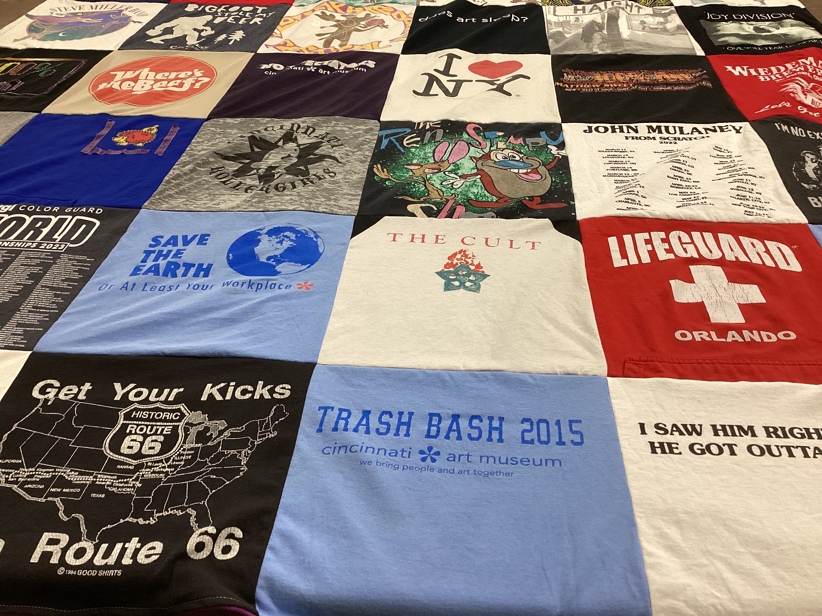 T-shirt quilt with music, comedy themes by Rebecca from OH