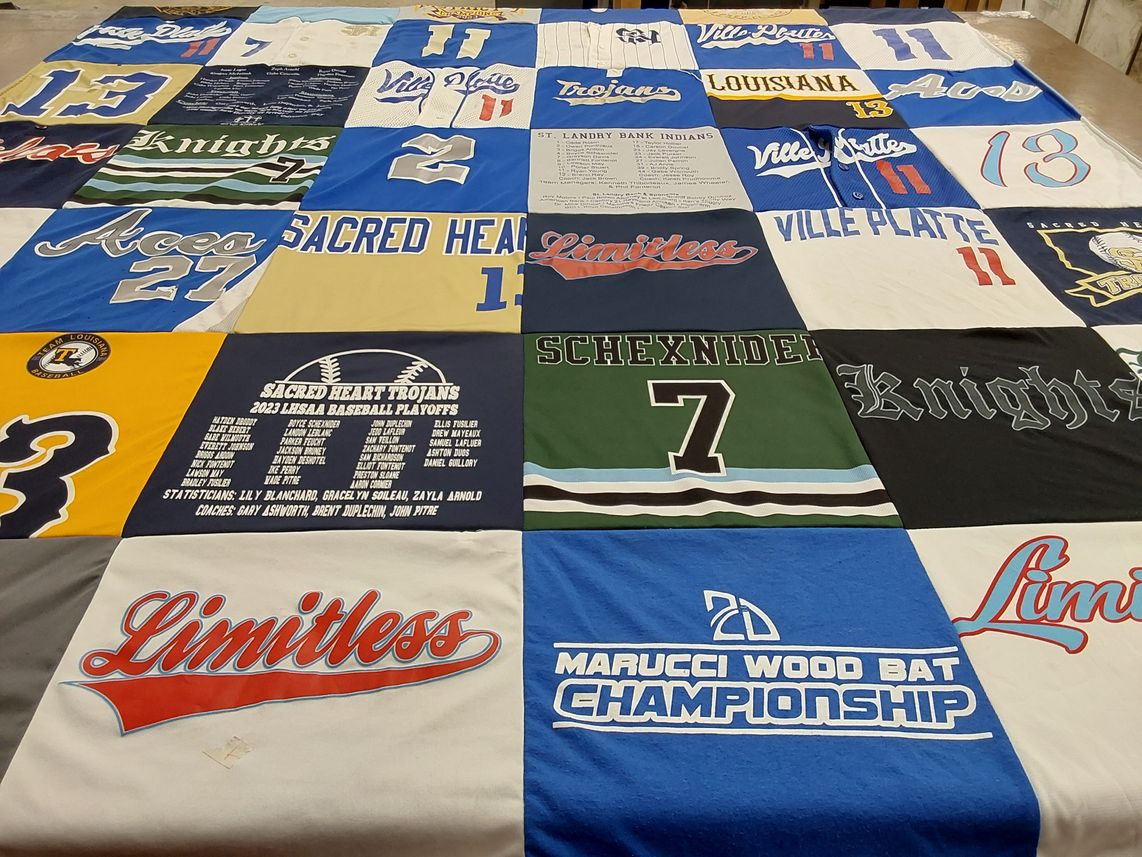 T-shirt quilt featuring sacred heart trojans, louisiana trojans by Meredith from LA