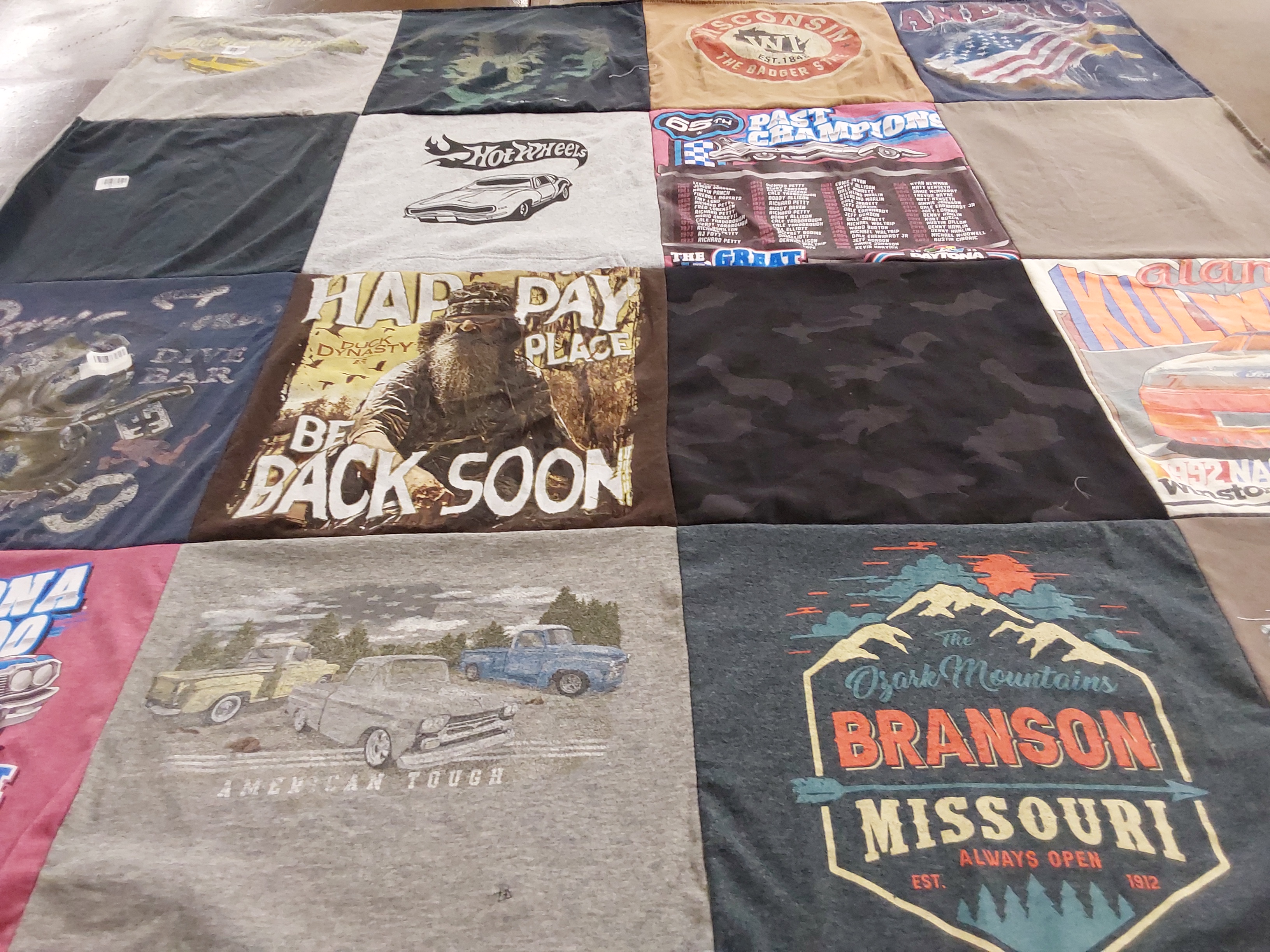 T-shirt quilt with cars, outdoors themes by Heather from WI