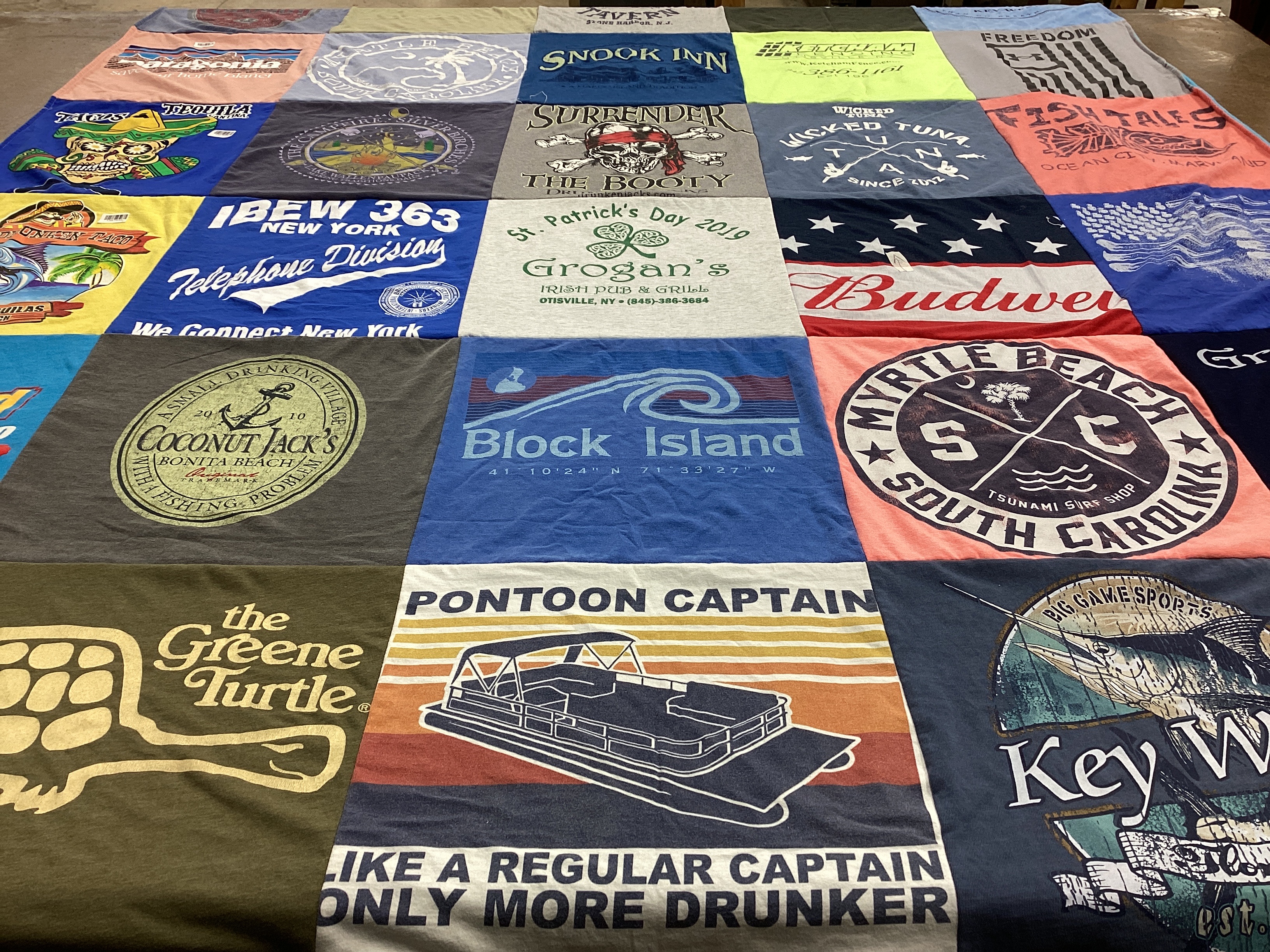 T-shirt quilt with fishing, beach activities themes by Margaret from NY