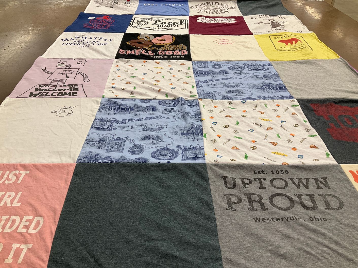 T-shirt quilt with travel, community themes by Eleanor from NY