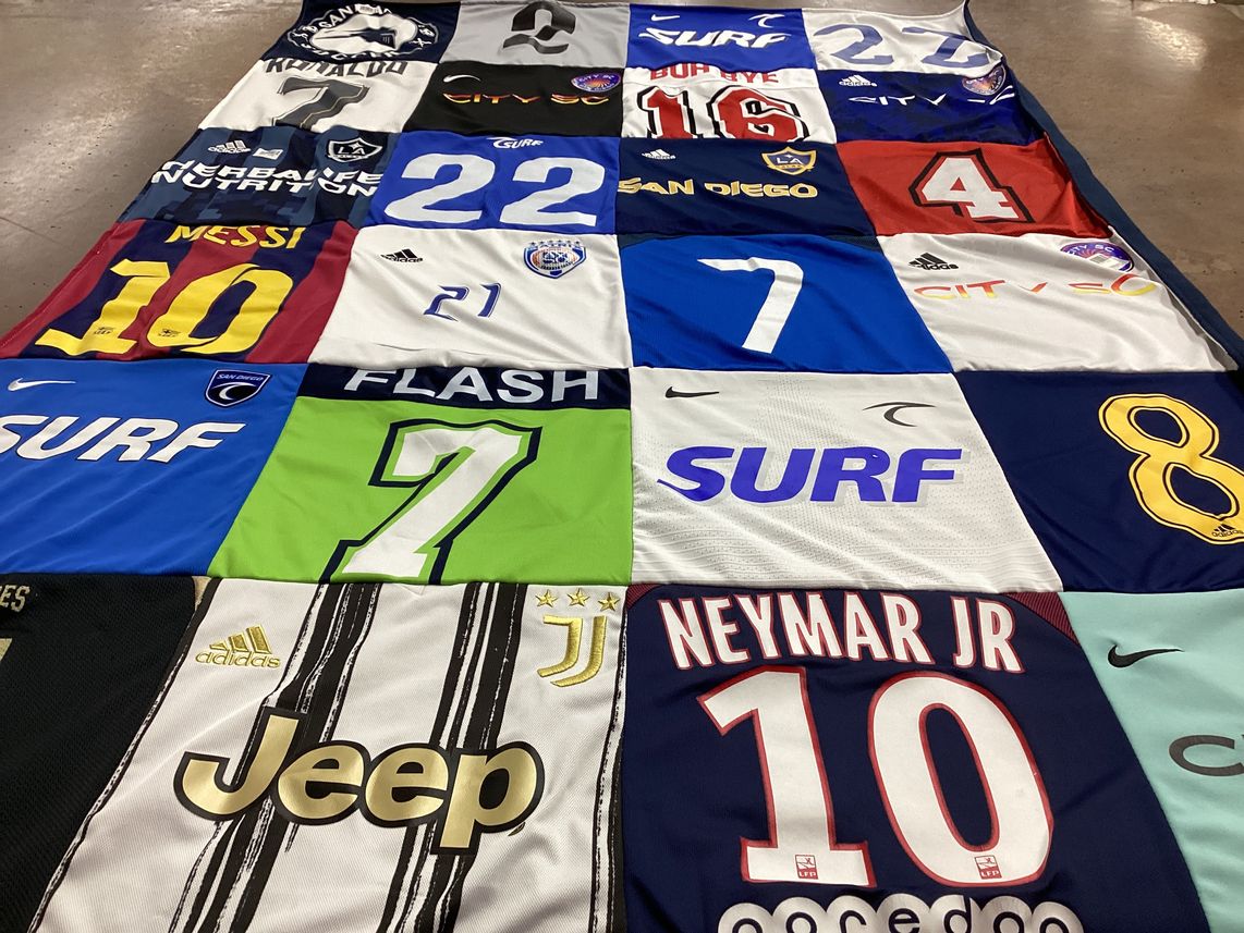 T-shirt quilt with soccer, sports themes by Tessa from CA