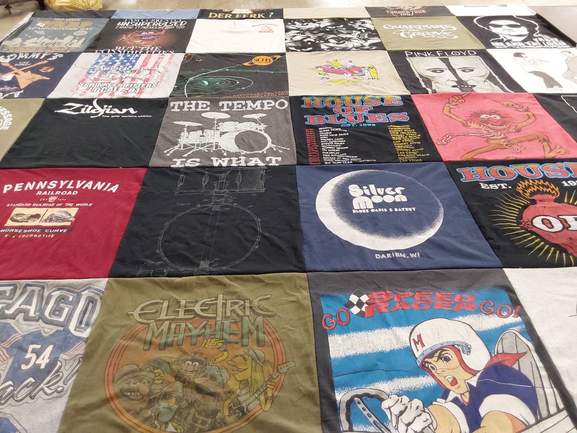 T-shirt quilt with music, railroads themes by Maureen from IL