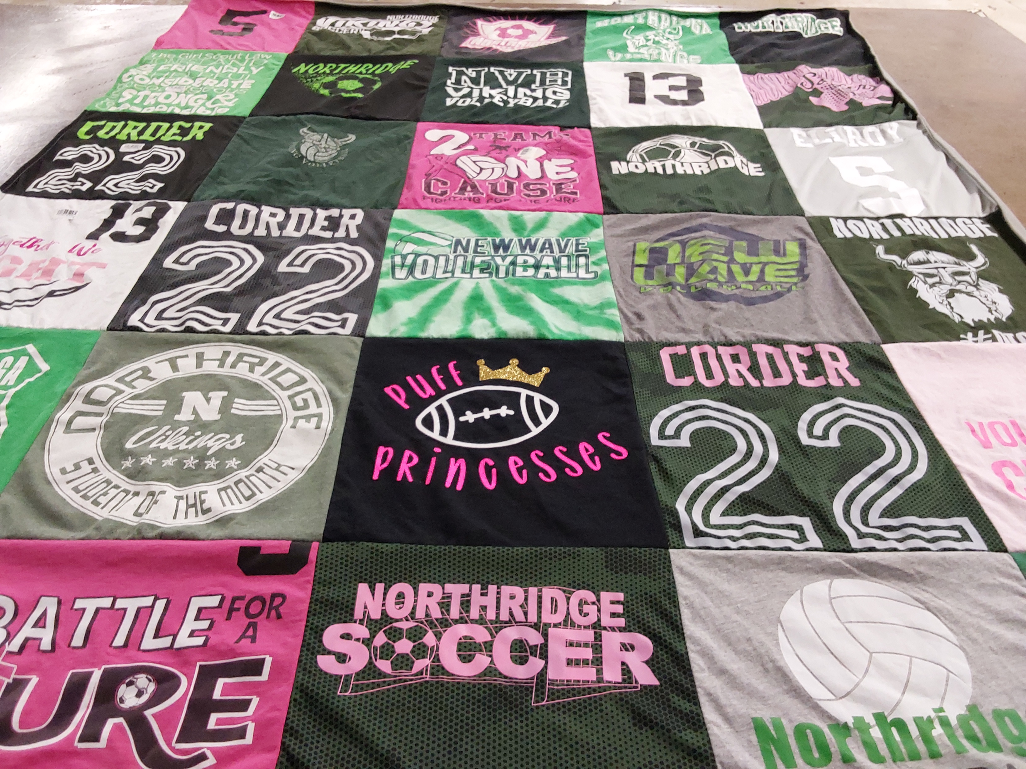 T-shirt quilt featuring northridge high school soccer team, northridge high school volleyball team by Rebecca from OH