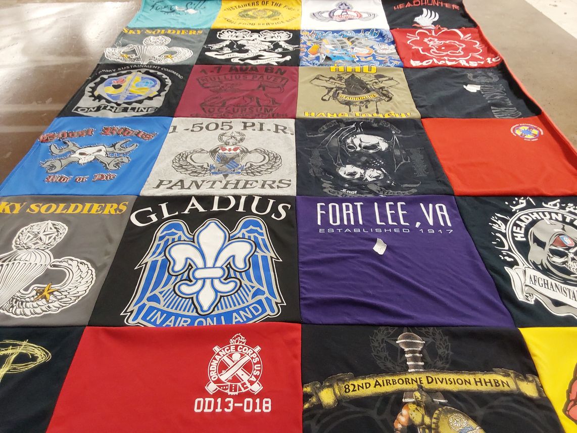 T-shirt quilt with military, veterans themes by Karmi from IA