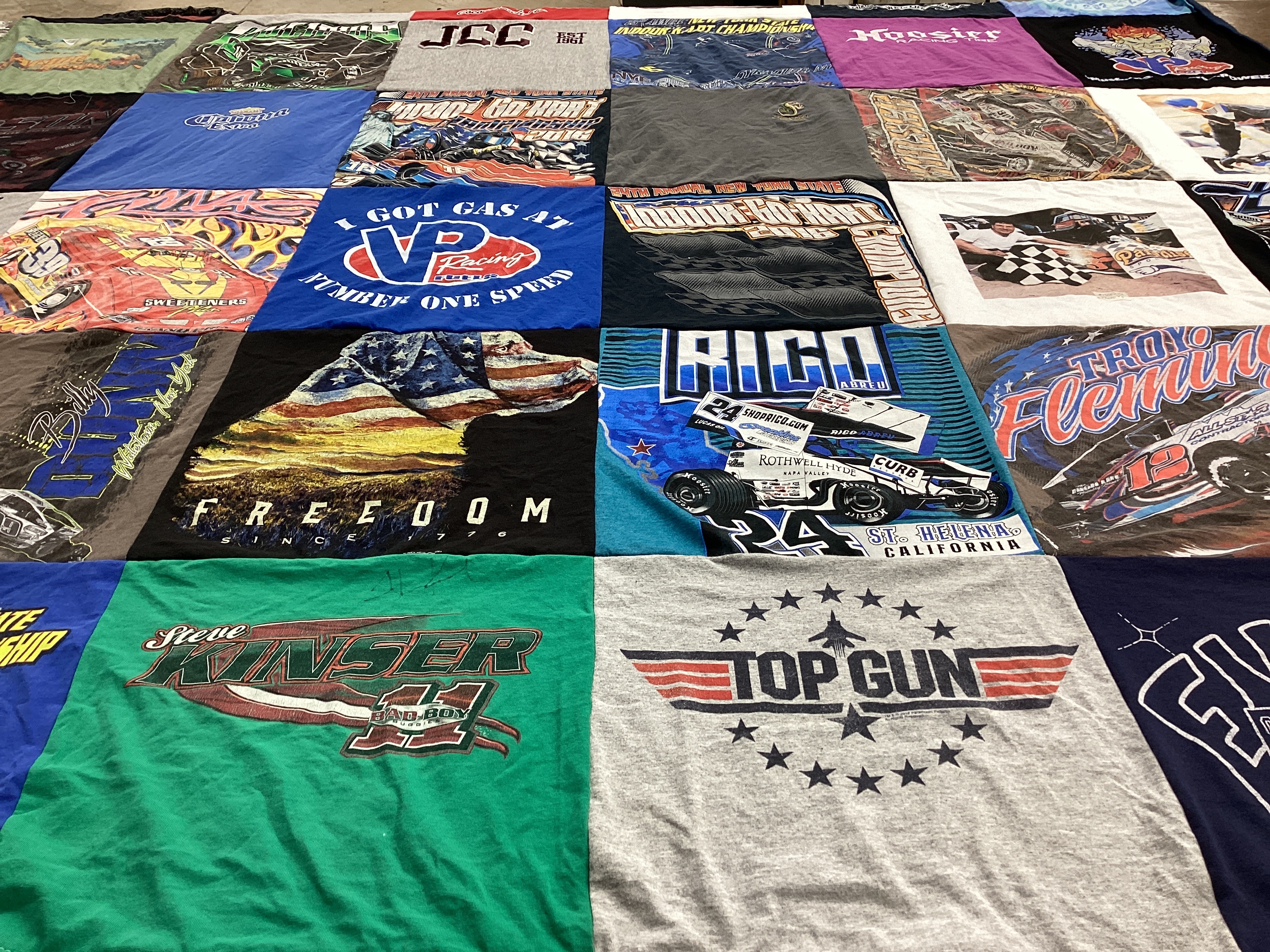 T-shirt quilt with auto racing, motorsports themes by Sherri from NY