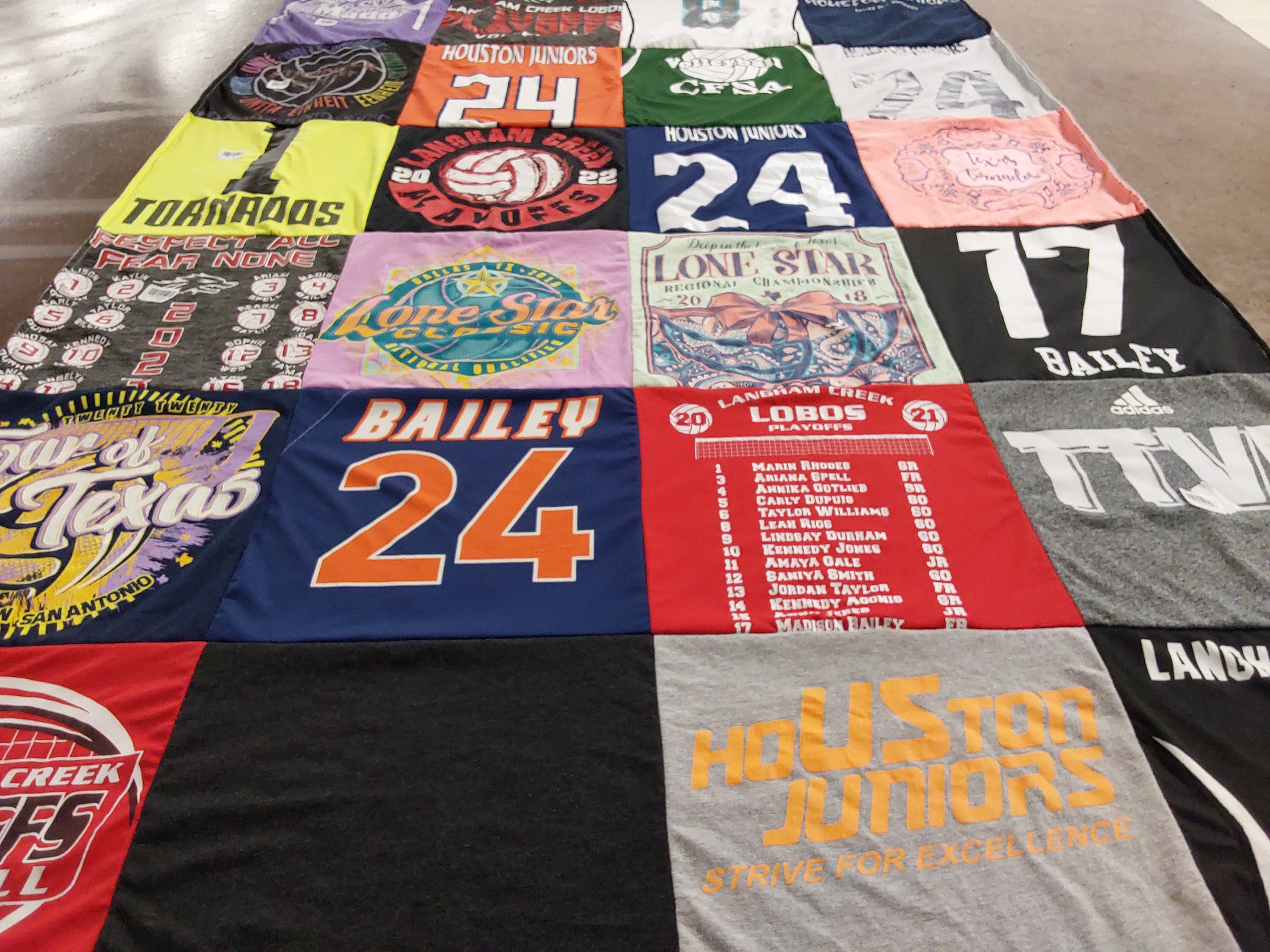 T-shirt quilt featuring houston juniors, landau creek lobos by Eugenie from TX