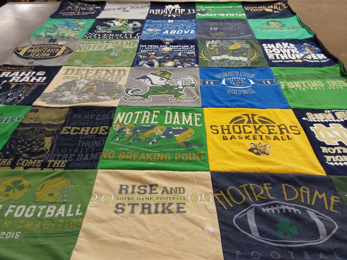 T-shirt quilt featuring notre dame football team, notre dame basketball team by Barbara from KS