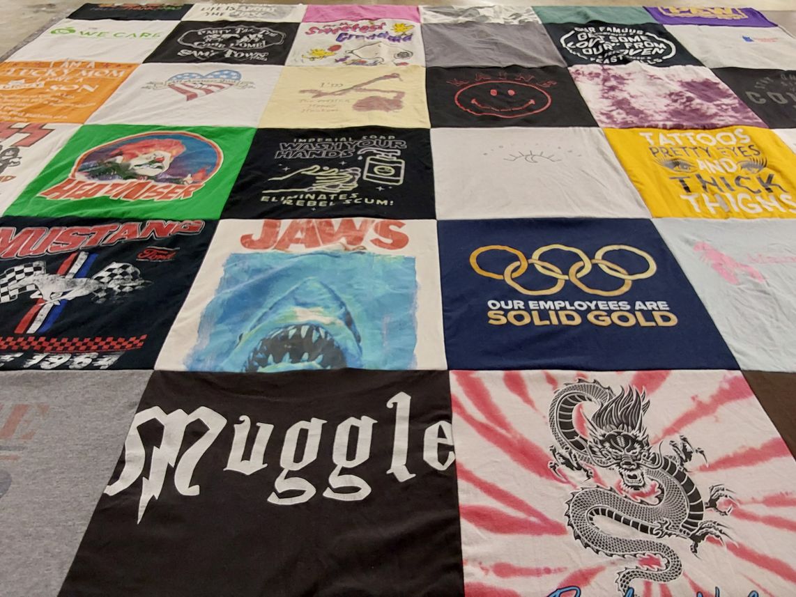 T-shirt quilt with tattoos, movies themes by Terese from AL