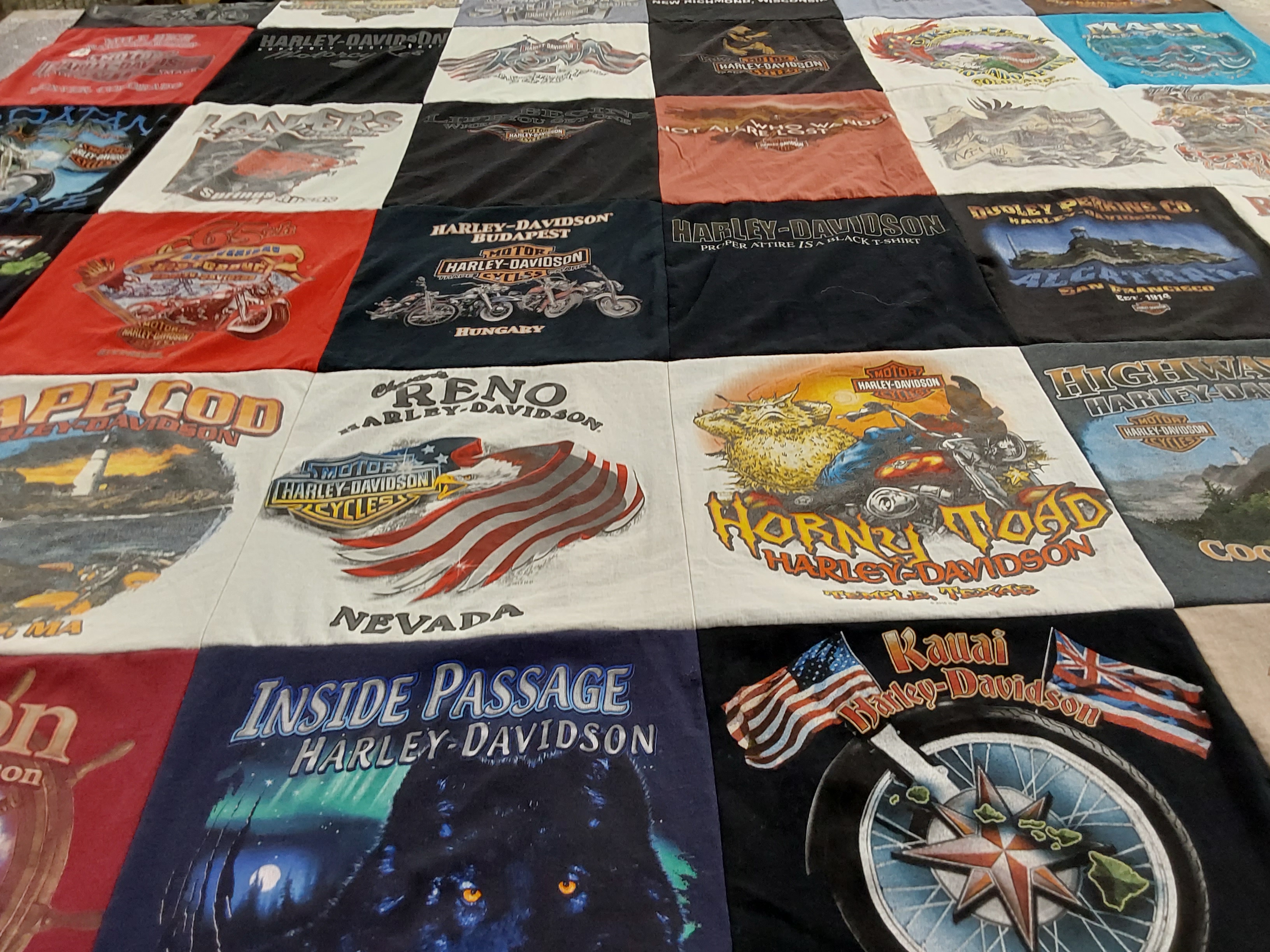 T-shirt quilt with motorcycles, biking themes by Roy from TX