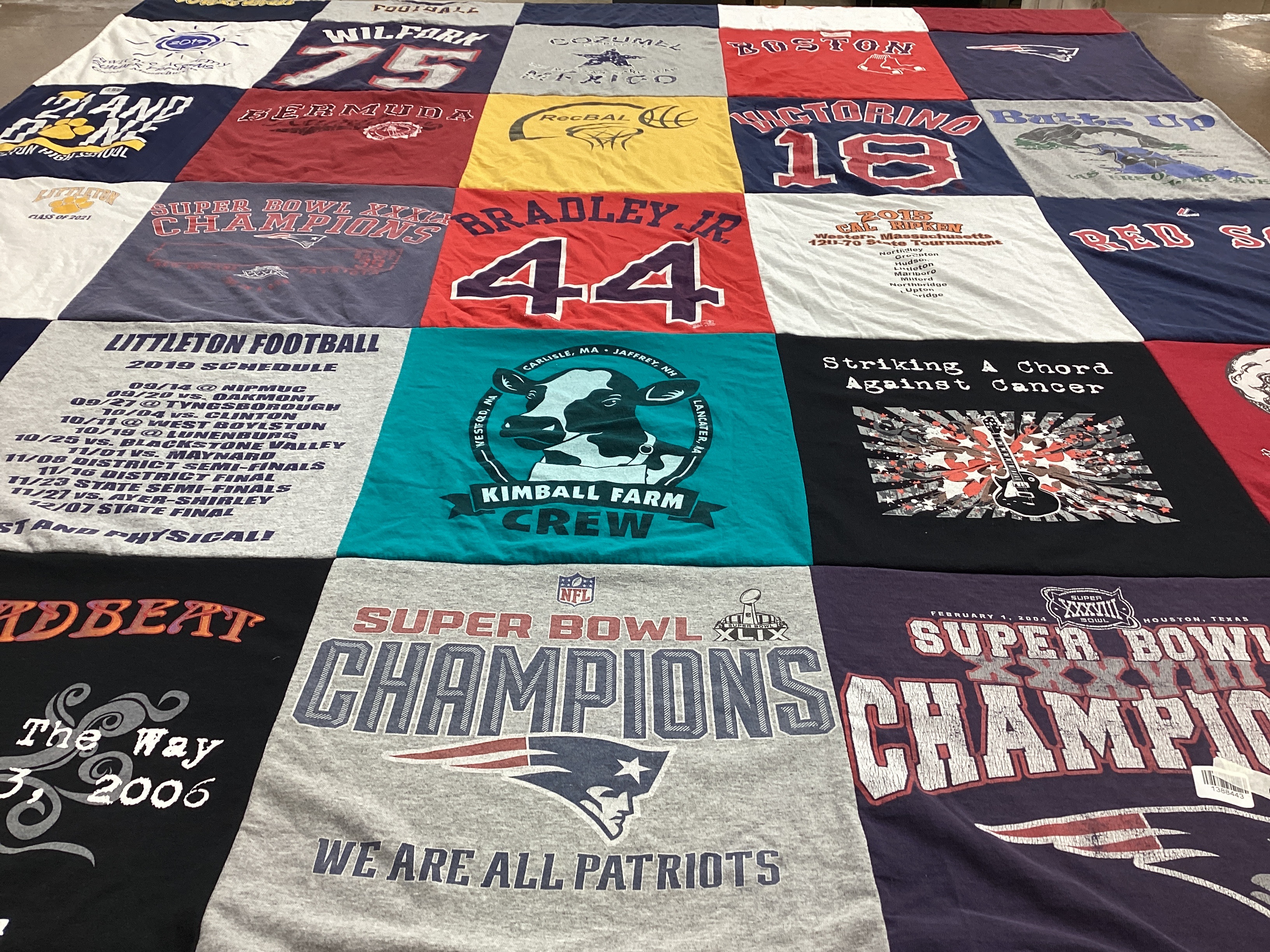 T-shirt quilt with football, music themes by Joannie from MA