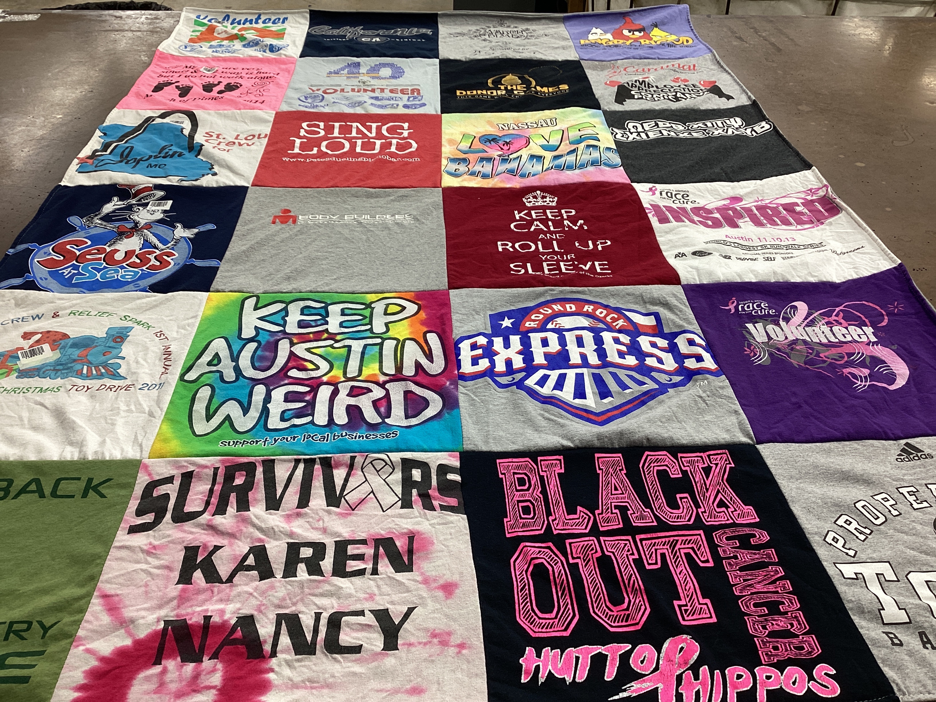 T-shirt quilt with community service, cancer awareness themes by Peter from TX