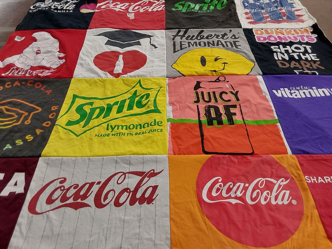 T-shirt quilt with beverages, soft drinks themes by Chris from TX