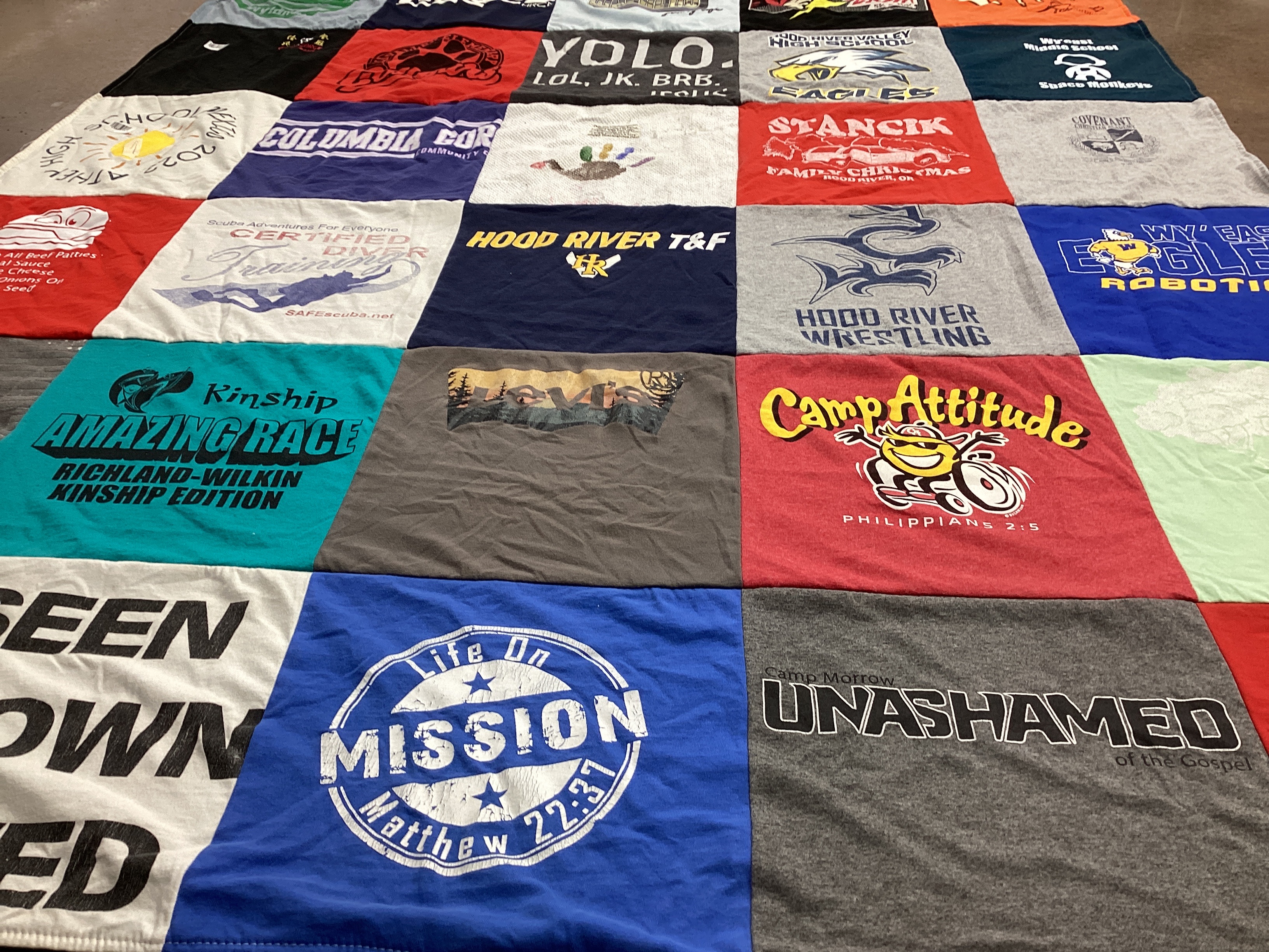 T-shirt quilt with camping, youth themes by Naomi from OR